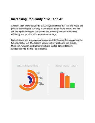 Increasing Popularity of IoT and AI:
A recent Tech Trend survey by SADA System states that IoT and AI are the
popular technologies currently in use today. It also found that AI and IoT
are the top technologies companies are investing in most to increase
efficiency and provide a competitive advantage.
Both startups and large companies prefer AI technology for unleashing the
full potential of IoT. The leading vendors of IoT platforms like Oracle,
Microsoft, Amazon, and Salesforce have started consolidating AI
capabilities into their IoT applications.
 