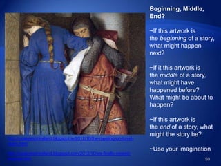 50
Beginning, Middle,
End?
~If this artwork is
the beginning of a story,
what might happen
next?
~If it this artwork is
the middle of a story,
what might have
happened before?
What might be about to
happen?
~If this artwork is
the end of a story, what
might the story be?
~Use your imagination
http://usaeyesonireland.blogspot.ie/2012/10/the-meeting-on-turret-
stairs.html
http://usaeyesonireland.blogspot.com/2012/10/we-finally-viewed-
original.html
 