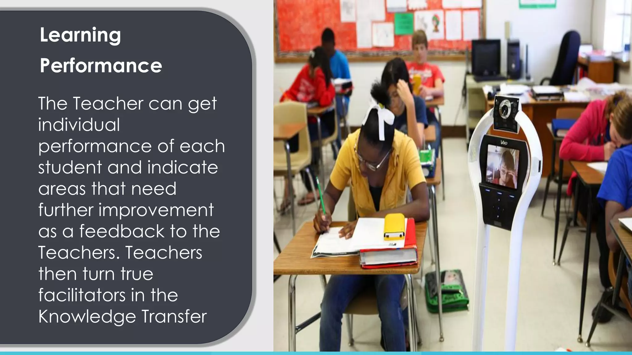 Learning
Performance
The Teacher can get
individual
performance of each
student and indicate
areas that need
further improvement
as a feedback to the
Teachers. Teachers
then turn true
facilitators in the
Knowledge Transfer
 
