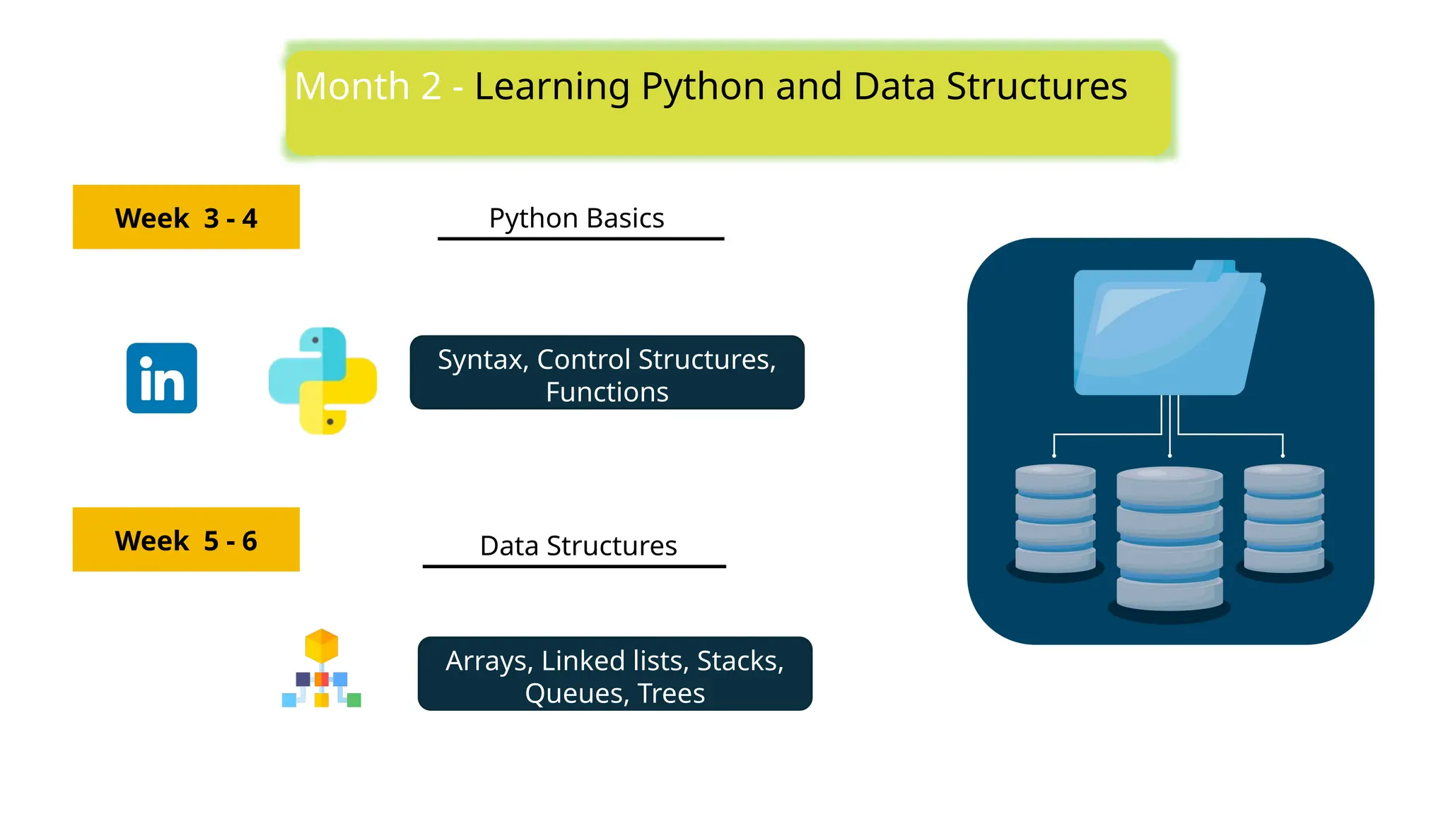 Python Basics
Week 3 - 4
Syntax, Control Structures,
Functions
Month 2 - Learning Python and Data Structures
Data Structures
Week 5 - 6
Arrays, Linked lists, Stacks,
Queues, Trees
 