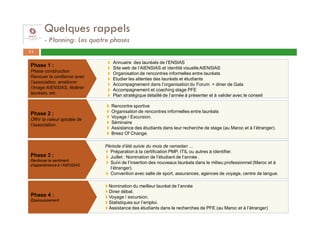 Quelques rappels
       - Planning: Les quatre phases
11

                                 Annuaire des lauréats de l’ENSIAS
Phase 1 :                        Site web de l’AIENSIAS et identité visuelle AIENSIAS
Phase construction               Organisation de rencontres informelles entre lauréats
Renouer la confiance avec        Etudier les attentes des lauréats et étudiants
l’association, améliorer         Accompagnement dans l’organisation du Forum + diner de Gala
l’image AIENSIAS, fédérer        Accompagnement et coaching stage PFE
lauréats, etc.                   Plan stratégique détaillé de l’année à présenter et à valider avec le conseil

                                 Rencontre sportive
Phase 2 :                        Organisation de rencontres informelles entre lauréats
                                 Voyage / Excursion.
Offrir la valeur ajoutée de
                                 Séminaire
l’association.
                                 Assistance des étudiants dans leur recherche de stage (au Maroc et à l’étranger).
                                 Breez Of Change.

                              Période d’été suivie du mois de ramadan …
                                Préparation à la certification PMP, ITIL ou autres à identifier.
Phase 3 :                       Juillet : Nomination de l’étudiant de l’année .
Renforcer le sentiment
                                Suivi de l’insertion des nouveaux lauréats dans le milieu professionnel (Maroc et à
d’appartenance à l’AIENSIAS
                                l’étranger).
                                Convention avec salle de sport, assurances, agences de voyage, centre de langue.

                               Nomination du meilleur lauréat de l’année
                               Diner débat.
Phase 4 :                      Voyage / excursion.
Epanouissement
                               Statistiques sur l’emploi.
                               Assistance des étudiants dans le recherches de PFE (au Maroc et à l’étranger)
 