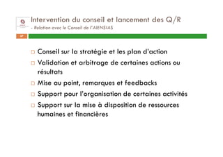 Intervention du conseil et lancement des Q/R
     - Relation avec le Conseil de l’AIENSIAS
37




        Conseil sur la stratégie et les plan d’action
        Validation et arbitrage de certaines actions ou
        résultats
        Mise au point, remarques et feedbacks
        Support pour l’organisation de certaines activités
        Support sur la mise à disposition de ressources
        humaines et financières
 