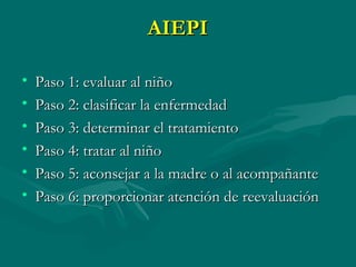 AIEPI Paso 1: evaluar al niño Paso 2: clasificar la enfermedad Paso 3: determinar el tratamiento Paso 4: tratar al niño Paso 5: aconsejar a la madre o al acompañante Paso 6: proporcionar atención de reevaluación 