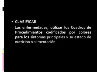  CLASIFICAR
 Las enfermedades, utilizar los Cuadros de
 Procedimientos codificados por colores
 para los síntomas principales y su estado de
 nutrición o alimentación.
 