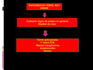 ENFERMEDAD FEBRIL MUY
         GRAVE




Cualquier signo de peligro en general
          Rigidez de nuca




        Tomar gota gruesa.
           1ª dosis ATB.
        Manejo hipoglicemia.
          Acetaminofen
              Remitir
 