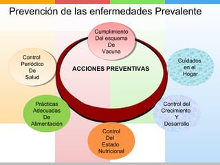 Prevención de las enfermedades Prevalente 
Control 
Periódico 
Control 
Periódico 
De 
Salud 
De 
Salud 
Prácticas 
Adecuadas 
De 
Alimentación 
Cumplimiento 
Del esquema 
De 
Vacuna 
Control 
Del 
Estado 
Nutricional 
Control del 
Crecimiento 
Y 
Desarrollo 
Cumplimiento 
Del esquema 
De 
Vacuna 
ACCIONES PREVENTIVAS 
Cuidados 
en el 
Hogar 
 