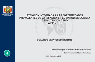 ATENCIONINTEGRADA
A
LAS
ENFERMEDADES PREV
A
LENTESDELAINFANCIA
MINISTERIO DE SALUD
Y DEPORTES
4
ATENCION INTEGRADA A LAS ENFERMEDADES
PREVALENTES DE LA INFANCIA EN EL MARCO DE LA META
“DESNUTRICION CERO”
AIEPI - Nut
CUADROS DE PROCEDIMIENTOS
Movilizados por el derecho a la salud y la vida
Serie: Documentos Técnico Normativos
Bolivia - Noviembre de 2006
 
