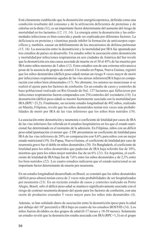 Investigación IRA (001-188)       3/20/03     2:38 PM      Page 94




          Está claramente establecido que la desnutrición energéticoproteica, definida como una
          condición resultante del consumo y de la utilización deficientes de proteínas y de
          calorías en la dieta (11), es un importante factor determinante del aumento del riesgo de
          mortalidad en los lactantes (12, 13, 14). La sinergía entre la desnutrición y las enfer-
          medades infecciosas es bien conocida y puede ser explicada por diferentes factores. La
          deficiencia en proteína y vitaminas puede inhibir la formación de anticuerpos espe-
          cíficos y, también, causar un debilitamiento de los mecanismos de defensa pulmonar
          (15, 16). La asociación entre la desnutrición y la mortalidad por IRA fue apuntada por
          tres estudios de países en desarrollo. Un estudio sobre la asociación entre desnutrición
          y mortalidad por infecciones respiratorias en seis ciudades de América del Sur reveló
          que la desnutrición era una causa asociada de muerte en el 30 al 45% de las muertes por
          IRA entre niños menores de 5 años (12). Estos estudios son de una extrema relevancia a
          pesar de la ausencia de grupos de control. Un estudio en Papua, Nueva Guinea, registró
          que los niños desnutridos (déficit peso-edad) tenían un riesgo 8 veces mayor de morir
          por infecciones respiratorias agudas de las vías aéreas inferiores(IRA baja) en compa-
          ración con niños bien alimentados (17). No obstante, los autores no mencionan si se
          realizó el ajuste para los factores de confusión. En un estudio de casos y controles de
          base poblacional realizado en Rio Grande do Sul, 127 lactantes que fallecieron por
          infecciones respiratorias fueron comparados con 254 controles del vecindario (18). La
          desnutrición (déficit peso-edad) se mostró fuertemente asociada con la mortalidad por
          IRA (RPC=21,5). Finalmente, un reciente estudio longitudinal de 492 niños, realizado
          en Manila, Filipinas, reveló que los niños desnutridos tenían tres veces más probabi-
          lidades de morir por IRA de las vías inferiores que los niños bien nutridos (19).

          La asociación entre desnutrición y neumonía o coeficiente de letalidad por casos de IRA
          de las vías inferiores fue referida en 4 estudios hospitalarios en los que el estado nutri-
          cional fue determinado en el momento de la admisión. En Filipinas, niños con un déficit
          peso-edad (puntuación z) menor que -2 DE presentaron un coeficiente de letalidad para
          IRA de las vías inferiores de 20% en comparación con 9,6% para niños con un mejor
          estado nutricional (19). En Papua, Nueva Guinea, el coeficiente de letalidad por caso de
          neumonía grave fue el doble en niños desnutridos (20). En Bangladesh, el coeficiente de
          letalidad para los niños desnutridos que padecían de IRA baja referido fue de 10%,
          mientras que para los niños mejor nutridos fue de un 6% (21). En Argentina, el coefi-
          ciente de letalidad de IRA baja fue de 7,6% entre los niños desnutridos y de 2,3% entre
          los bien nutridos (22). Los cuatro estudios indicaron que el estado nutricional es un
          importante factor determinante de muerte por neumonía.

          En un estudio longitudinal desarrollado en Brasil, se constató que los niños desnutridos
          (déficit peso-altura) tenían cerca de 2 veces más probabilidades de ser hospitalizados
          por neumonía (23). En un reciente estudio de casos y controles realizado en Porto
          Alegre, Brasil, sólo el déficit peso-edad se mantuvo significativamente asociado con el
          riesgo de contraer neumonía después del ajuste para los factores de confusión, con una
          razón de productos cruzados 5 veces mayor para los niños más desnutridos (4).

          Además, se han señalado datos de asociación entre la desnutrición (peso para la edad
          por debajo del 10º percentil) e IRA baja en cuatro de los estudios BOSTID (24). Los
          niños fueron divididos en dos grupos de edad (0-17 meses y 18-59 meses). Solamente
          un estudio reveló que la desnutrición estaba asociada con IRA (RPC=1,3) en el grupo


          94
 