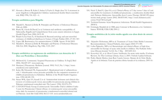 Manual de Procedimientos para la
Atención Integrada a las Enfermedades Prevalentes de la Infancia (AIEPI) Atención Primaria.
103
307. Hossain s, Biswas R, Kabir I, Sarker S, Fuchs G. Single dose Vit A treatment in
acute shigellosis in Bangladeshi Children: randomized double blind controlled
trial. BMJ 1998; 316: 422 – 6.
Terapia antibiótica para Shigella
308. Mandell L. Bennett J, Dolin R. Principles and Practice of Infectious Diseases.
50th ed, 2000.
309. Wasfy M., Oyofo B, David J et al. Isolation and antibiotic susceptibility of
Salmonella, Shigella and Campylobacter from acute enteric infections in Egypt.
J Jealth Popul Nutr 2000; 18:33-38
310. Banjeh S, Ga-Oum N, Al-Sanabani R. Bacterial aetiology and anti-microbial
resistance of childhood díarrhoea in Yemen. J Tropic Pedíatr 2001; 47:301-303
311. López SR. Resistencia a los antimicrobianos. CNDR. Agosto 29 del 2002.
312. Mandell L. Bennett J, Dolin R. Principles and Practice of Infectious Diseases.
50th Ed, 2000. Shigellosis, Pág 1086, 1129, 2367.
Terapia antibiótica en regímenes de antibióticos con duración de 5
días con Penicilina o Amoxicilina
313. McIntosh K. Community-Acquired Pneumonia in Children. N Engl J Med
2002; 346:429-437. www.nejm.org.
314. Sherman J. Pneumonia. Medicine Journal. 2002; Vol 3, No. 3. http://www.
emedicine.com/splash.htlm
315. Keley DJ, Nkrumah FK, Kapuyanyika C. Randomized trial of sulfamethoxa-
zole + trimethoprim versus procaine penicillin for the outpatient treatment of
childhood pneumonia in Zimbabwe. Bulletin of the World Health Organiza-
tion. 1990; 68:185-192.
316. Straus WSL, Qazi SA, Kundi Z.et al. Antimicrobial resístanse and clinical efec-
tiveness of cotrimoxazole versus amoxycillin for pneumonia among children in
Pakistan: randomized controlled trial. The Lancet. 1998; 352:270-274.
317. CATCHUP Study Group (Cotrimoxazole Amoxicillin Trial in children Under
5 years for Pneumonia) Clinical efficacy of cotrimoxazole versus amoxicillin
twice daily for treatmen of pneumonia: a randomized controlled clinical trial
en Pakistan. Arch Dis Child 2002; 86:113-118. www.archdischild.com
318. Hazir T, Slatif E, Qazi SA, et al. Clinical efficacy of 3 day versus 5 days of oral
amoxicillin for treatment of childhood pneumonia : a multicentre double-blind
trial. Pakistan Multicentre Amoxicillin short Course Therapy (MASCOT) pneu-
monia study group. Lancet 2002; 360:835-841. http://www.thelancet.com/
extras/01art7461web.pdf
319. Technical Seminar-Acute Respiratory Infections. World Health Organization
(WHO).
320. Estrategia Mundíal de la OMS, para Contener la Resistencia a los Antimicro-
bianos. WHOR/CDS/CSR/2001.2
Terapia antibiótica de la otitis medía aguda con altas dosis de amoxi-
cilina
321. Alejandro Hoberman, MD et al. Treatment of Acute Otitis Medía Consensus
Recommendations. Clinical Pedíatric, July/august 2002:373-390.
322. Lolita Piglansky, MD et al. Bacteriologic and clinical efficacy of high dose
amoxicillin for therapy of acute otitis medía in children. The Pedíatric Infec-
tious Disease Journal. Vol 22, No. 5 May 2003:405-412.
323. Kozyrskyj AL, et al. Short Course Antibiotics for acute otitis medía. (Cochrane
Review). In: The Cochrane Library, Issue 2, 2003. Oxford: UpdateSoftware.
324. Pedro Martín Muñoz, Juan Ruiz Canela Cáceres. Manejo de la Otitis Medía
Aguda en la Infancia. Guía de práctica clínica basada en la evidencia. 2001:16-
18
 