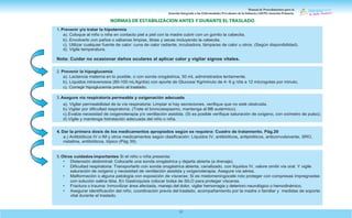 Manual de Procedimientos para la
Atención Integrada a las Enfermedades Prevalentes de la Infancia (AIEPI) Atención Primaria.
21
1. Prevenir y/o tratar la hipotermia
a). Coloque al niño o niña en contacto piel a piel con la madre cubrir con un gorrito la cabecita.
b). Envolverlo con paños o sábanas limpias, tibias y secas incluyendo la cabecita.
c). Utilizar cualquier fuente de calor: cuna de calor radiante, incubadora, lámparas de calor u otros. (Según disponibilidad).
d). Vigile temperatura.
Nota: Cuidar no ocasionar daños oculares al aplicar calor y vigilar signos vitales.
2. Prevenir la hipoglucemia
a). Lactancia materna en lo posible, o con sonda orogástrica, 50 mL administrados lentamente.
b). Líquidos intravenosos (80-100 mL/kg/día) con aporte de Glucosa/ Kg/minuto de 4- 6 g /día a 12 microgotas por minuto.
c). Corregir hipoglucemia previo al traslado.
3.Asegure via respiratoria permeable y oxigenación adecuada
a). Vigilar permeabilidad de la vía respiratoria: Limpiar si hay secreciones, verifique que no esté obstruida.
b).Vigilar por dificultad respiratoria. (Trate el broncoespasmo, mantenga al BB eutérmico).
c).Evalúe necesidad de oxigenoterapia y/o ventilación asistida. (Si es posible verifique saturación de oxígeno, con oxímetro de pulso).
d).Vigile y mantenga hidratación adecuada del niño o niña.
4. Dar la primera dosis de los medicamentos apropiados según se requiera: Cuadro de tratamiento. Pág.20
a.) Antibióticos IV o IM y otros medicamentos según clasificación: Líquidos IV, antibióticos, antipiréticos, anticonvulsivante, SRO,
nistatina, antibióticos, tópico (Pág 39).
5.Otros cuidados importantes Si el niño o niña presenta:
• Distensión abdominal: Colocarle una sonda orogástrica y dejarla abierta (a drenaje).
• Dificultad respiratoria: Transportarlo con sonda orogástrica abierta, canalizado, con líquidos IV, valore omitir vía oral. Y vigile
saturación de oxígeno y necesidad de ventilación asistida y oxígenoterapia. Asegure vía aérea.
• Malformación o alguna patología con exposición de vísceras: Si es mielomeningocele roto proteger con compresas impregnadas
con solución salina tibia. En Gastroquisis colocar bolsa de SILO para proteger vísceras.
• Fractura o trauma: Inmovilizar área afectada, manejo del dolor, vigilar hemorragia y deterioro neurológico o hemodinámico.
• Asegurar identificación del niño, coordinación previa del traslado, acompañamiento por la madre o familiar y medidas de soporte
vital durante el traslado.
NORMAS DE ESTABILIZACION ANTES Y DURANTE EL TRASLADO
 