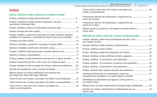 Manual de Procedimientos para la
Atención Integrada a las Enfermedades Prevalentes de la Infancia (AIEPI) Atención Primaria.
3
Indice
Evaluar, Clasificar a Niños y Niñas de 0 a 2 Meses de Edad
Evaluar y clasificar el riesgo preconcepcional.
.................................................8
Evaluar y clasificar el riesgo durante la gestacion y el parto.
...........................9
que afectan el bienestar fetal
Evaluar, clasificar y tratar a la embarazada durante el parto...........................10
Evaluar el riesgo del recién nacido..................................................................11
Evaluar, clasificar y determinar tratamiento en recién nacidos e hijos(as)
de Madre con sospecha o confirmada de infección por el virus del Zika.........12
Cuidados del recién nacido..............................................................................13
Atencion inmediata y ayudando a los bebes a respirar (ABR).........................14
Atencion inmediata y reanimacion del recien nacido.......................................15
Evaluar y clasificar enfermedad grave o posible infeccion local......................16
Atención a diarrea y deshidratacion.................................................................17
Evaluar, clasificar y tratar alimentacion del menor de 2 meses de edad.........18
Evaluar el desarrollo del niño y niña menor de 2 meses de edad.
...................19
Evaluar, clasificar el trato y cuidado del niño(a) y determine tratamiento........20
Normas de estabilizacion antes y durante el traslado......................................21
Refiera urgente a la madre clasificada como embarazo de.............................22
alto riesgo pero antes trate segun patologia
Tratar al menor de 2 meses y aconsejar a la madre o al acompañante..........23
Tratar al menor de 2 meses y aconsejar a la madre o al acompañante..........24
Tratar al niño o niña menor de 2 meses y aconsejar a la.
................................25
madre o al acompañante
Tratar al niño o niña menor de 2 meses y aconsejar a la.
................................26
madre o al acompañante
Proporcionar atencion de reevaluación y seguimiento al.................................27
menor de 2 meses
Proporcionar atencion de reevaluación y seguimiento del...............................28
menor de 2 meses
Ofrecer servicios de atencion y aconsejar a la madre sobre su.
......................29
propia salud
Atención de niños y niñas de 2 meses a 5 años de edad.
..................31
Evaluar, clasificar y determinar el tratamiento del niño o niña.........................32
de 2 meses a 5 años.
Evaluar, clasificar y tratar la diarrea y deshidratacion......................................33
Evaluar, clasificar y tratar la fiebre...................................................................34
Evalue, clasifique y determine tratamiento de la fiebre....................................35
Evaluar, clasificar y tratar problemas de oido y garganta.
................................36
Evaluar, clasificar el crecimiento y dar tratamiento........................................37
Evaluar, clasificar el crecimiento, la anemia y dar tratamiento.
......................38
Evaluar, clasificar el crecimiento y dar tratamiento........................................39
Evaluar, clasificar trato, violencia sexual y dar tratamiento..............................40
Tratamiento Administrar los tratamientos y seguir los......................................41
procedimientos indicados en el cuadro evaluar y clasificar
Administrar los tratamientos que figuran a continuacion en.
............................42
la unidad de salud
Manejo clinico de casos sospechosos de dengue segun clasificación............43
Enseñar a la madre a administrar los medicamentos por via..........................44
oral en casa
 