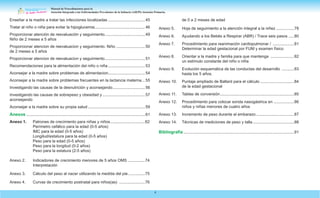 Manual de Procedimientos para la
Atención Integrada a las Enfermedades Prevalentes de la Infancia (AIEPI) Atención Primaria.
4
Enseñar a la madre a tratar las infecciones localizadas..................................45
Tratar al niño o niña para evitar la hipoglucemia.
.............................................46
Proporcionar atención de reevaluación y seguimiento..
...................................49
Niño de 2 meses a 5 años
Proporcionar atencion de reevaluacion y seguimiento. Niño...........................50
de 2 meses a 5 años
Proporcionar atencion de reevaluacion y seguimiento.
....................................51
Recomendaciones para la alimentación del niño o niña..................................53
Aconsejar a la madre sobre problemas de alimentacion.................................54
Aconsejar a la madre sobre problemas frecuentes en la lactancia materna.
...55
Investigando las causas de la desnutrición y aconsejando.
.............................56
Investigando las causas de sobrepeso y obesidad y.......................................57
aconsejando
Aconsejar a la madre sobre su propia salud....................................................59
Anexos...........................................................................................................61
Anexo 1. Patrones de crecimiento para niñas y niños.
...............................62
Perímetro cefálico para la edad (0-5 años)
IMC para la edad (0-5 años)
Longitud/estatura para la edad (0-5 años)
Peso para la edad (0-5 años)
Peso para la longitud (0-2 años)
Peso para la estatura (2-5 años)
Anexo 2. Indicadores de crecimiento menores de 5 años OMS .
...............74
Interpretación
Anexo 3. Cálculo del peso al nacer utilizando la medida del pie................75
Anexo 4. Curvas de crecimiento postnatal para niños(as) ........................76
de 0 a 2 meses de edad
Anexo 5. Hoja de seguimiento a la atención integral a la niñez.................78
Anexo 6. Ayudando a los Bebés a Respirar (ABR) / Trace seis pasos......80
Anexo 7. Procedimiento para reanimación cardiopulmonar / ....................81
Determinar la edad gestacional por FUM y examen físico
Anexo 8. Orientar a la madre y familia para que mantenga ......................82
un estímulo constante del niño o niña
Anexo 9. Evolución esquemática de las conductas del desarrollo ............83
hasta los 5 años.
Anexo 10. Puntaje ampliado de Ballard para el cálculo .
..............................84
de la edad gestacional
Anexo 11. Tablas de conversión...................................................................85
Anexo 12. Procedimiento para colocar sonda nasogástrica en .
..................86
niños y niñas menores de cuatro años
Anexo 13. Incremento de peso durante el embarazo...................................87
Anexo 14. Técnicas de mediciones de peso y talla......................................88
Bibliografía....................................................................................................91
 