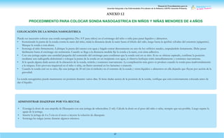 Manual de Procedimientos para la
Atención Integrada a las Enfermedades Prevalentes de la Infancia (AIEPI) Atención Primaria.
87
COLOCACIÓN DE LA SONDA NASOGÁSTRICA
Puede ser necesario colocar una sonda nasogástrica (No. 8 F para niños) en el estómago del niño o niña para pasar líquidos y alimentos.
• Sosteniendo la punta de la sonda contra la nariz del niño, mida la distancia desde la nariz hasta el lóbulo del oído, luego hasta la apófisis xifoides del esternón (epigastrio).
Marque la sonda a esta altura.
• Sostenga al niño firmemente. Lubrique la punta del cateter con agua y hágalo entrar directamente en uno de los orificios nasales, empujándolo lentamente. Debe pasar
fácilmente hasta el estómago sin resistencia. Cuando se llega a la distancia medida fije la sonda a la nariz, con cinta adhesiva.
• Con una jeringa aspire una cantidad pequeña del contenido del estómago para confirmar que la sonda está en su sitio. Si no se obtiene aspirado, confirme la posición
medíante una radiografía abdominal o coloque la punta de la sonda en un recipiente con agua, si observa burbujas retire inmedíatamente y comience nuevamente.
• Si le queda alguna duda acerca de la ubicación de la sonda, retírela y comience nuevamente. La complicación más grave se produce cuando la sonda pasa inadvertidamente
a la tráquea. Esto provoca inquietud en el niño o niña, un llanto anormal en los lactantes o cianosis.
• Cuando la sonda esté en su sitio, fije una jeringa de 20 ml (sin el émbolo) en el extremo de la sonda y vierta líquidos o alimentos en ella dejando que fluyan por acción de la
gravedad.
La sonda nasogástrica puede mantenerse en posición durante varios días. Si tiene dudas acerca de la posición de la sonda, verifique que está correctamente colocada antes de
dar el líquido.
ADMINISTRAR DIAZEPAM POR VÍA RECTAL
•
•
•
Extraiga la dosis de una ampolla de Diazepam con una jeringa de tuberculina (1 ml). Calcule la dosis en el peso del niño o niña, siempre que sea posible. Luego separe la
aguja de la jeringa.
Inserte la jeringa de 4 a 5 cm en el recto e inyecte la solución de díazepam.
Sostenga las nalgas juntas durante algunos minutos.
PROCEDIMIENTO PARA COLOCAR SONDA NASOGASTRICA EN NIÑOS Y NIÑAS MENORES DE 4 AÑOS
ANEXO 12
 