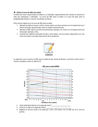  Utilice la curva de IMC para edad:
El índice de masa corporal para la edad es un indicador especialmente útil cuando se examina al
niño por sobrepeso u obesidad. La curva de IMC para la edad y la curva de peso para la
longitud/talla tienden a mostrar resultados similares.
Para marcar registros en la curva de IMC para la edad:
 Marque la edad en meses o años y meses sobre una línea vertical o en la mitad entre las 2
líneas verticales aproximando como se explico anteriormente
 Marque el IMC sobre una línea horizontal (por ejemplo, 14, 14,2) o en el espacio entre las
líneas (por ejemplo, 14,5).
 Cuando hay registros marcados de dos o más visitas, una los puntos adyacentes con una
línea recta para una mejor apreciación de la tendencia.
EJERCICIO
La siguiente curva muestra el IMC para la edad de dos visitas de Rosita. La primera visita, tenía 7
meses cumplidos y tiene un IMC de 17
1. ¿Qué edad tiene Rosita en la segunda visita? ______________________
2. ¿Cuál es su IMC en la segunda visita? ____________________________
3. Registre la tercera visita: A la edad de 1 año y 10 meses, con un IMC de 17,5. Una los
puntos.
 