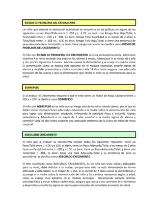 Un niño que durante la evaluación nutricional se encuentra en los gráficos en alguna de las
siguientes curvas: Peso/Talla entre ≥ -2DE y≤ -1 DE, es decir, con Riesgo Peso Bajo/Talla; ó
Peso/Edad entre ≥ -2DE y≤ -1DE, es decir, Riesgo Peso bajo/Edad si es menor de 2 años; ó
Talla/Edad entre ≥ -2DE y ≤ -1DE, es decir, Riesgo Talla Baja/Edad; ó tiene una tendencia de
peso descendente u horizontal, es decir, tiene riesgo nutricional se clasifica como RIESGO DE
PROBLEMA DEL CRECIMIENTO.
El niño con RIESGO DE PROBLEMA DEL CRECIMIENTO se trata ambulatoriamente, administre
vitamina A si no ha recibido una dosis en los últimos 6 meses, Albendazol si es mayor de 1 año
y zinc por los siguientes 3 meses. Además evalúe la alimentación y aconseje a la madre sobre
la alimentación como se explica más adelante en el módulo Aconsejar, enseñe signos de
alarma y medidas preventivas y realice controles cada 14 días hasta asegurar una adecuada
evolución de las curvas y que la alimentación que recibe el niño es la recomendada para su
edad.
Si al evaluar el crecimiento encuentra que el niño tiene un Índice de Masa Corporal entre ≥
1DE y < 2DE se clasifica como SOBREPESO.
El niño con SOBREPESO es un niño con un riesgo alto de terminar siendo obeso, por lo que se
deben iniciar intervenciones adecuadas educando a la madre sobre la alimentación del niño
para lograr una alimentación saludable, reforzando la actividad física y evitando hábitos
sedentarios y Albendazol si es mayor de 1 año, enseñar a la madre signos de alarma y
controlar cada 30 días hasta asegurar una adecuada tendencia de la curva de índice de masa
corporal.
El niño que al evaluar su crecimiento cumple todos los siguientes requisitos: tiene un
Peso/Talla entre ≥ -1DE y ≤ 1DE, es decir, tiene un Peso Adecuado/Talla; si es menor de 2 años
tiene un Peso/Edad entre ≥ -1DE y ≤ 1DE, es decir, tiene un Peso Adecuado/Edad; y tiene una
Talla/Edad ≥ -1DE, es decir, tiene una Talla Adecuada/edad y su tendencia de peso es
ascendente, se clasifica como ADECUADO CRECIMIENTO.
El niño clasificado como ADECUADO CRECIMIENTO, es un niño con unos índices adecuados
para su edad, debe felicitar a la madre, porque este niño se está alimentando en forma
adecuada y Albendazol, si es mayor de 1 año. Si es menor de 2 años evalúe la alimentación y
aconseje a la madre sobre la alimentación del niño y los cambios necesarios según la edad,
como se explica más adelante en el módulo Aconsejar. Recomiende siempre reforzar
actividad física y evitar hábitos sedentarios, asegure que asista a sus controles de crecimiento
y desarrollo y enseñe los signos de alarma para consultar de inmediato al servicio de salud.
RIESGO DE PROBLEMA DEL CRECIMIENTO
SOBREPESO
ADECUADO CRECIMIENTO
 