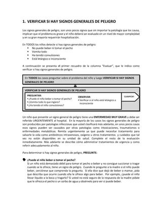 1. VERIFICAR SI HAY SIGNOS GENERALES DE PELIGRO
Los signos generales de peligro, son unos pocos signos que sin importar la patología que los causa,
implican que el problema es grave y el niño deberá ser evaluado en un nivel de mayor complejidad
y en su gran mayoría requerirán hospitalización.
En TODOS los niños detecte si hay signos generales de peligro:
 No puede beber ni tomar el pecho
 Vomita todo
 Ha tenido convulsiones
 Está letárgico o inconsciente
A continuación se presenta el primer recuadro de la columna “Evaluar”, que le indica como
verificar si hay signos generales de peligro.
Un niño que presente un signo general de peligro tiene una ENFERMEDAD MUY GRAVE y debe ser
referido URGENTEMENTE al hospital. En la mayoría de los casos los signos generales de peligro
son producidos por patologías infecciosas que usted clasificará más adelante, en unos pocos casos
esos signos pueden ser causados por otras patologías como intoxicaciones, traumatismos o
enfermedades metabólicas. Remita urgentemente ya que puede necesitar tratamiento para
salvarle la vida como antibióticos intravenosos, oxígeno u otros tratamientos y cuidados que tal
vez no están disponibles en su unidad de salud. Complete el resto de la evaluación
inmediatamente. Más adelante se describe cómo administrar tratamientos de urgencia y como
referir adecuadamente al niño.
Para determinar si hay signos generales de peligro, PREGUNTE:
 ¿Puede el niño beber o tomar el pecho?
Si un niño está demasiado débil para tomar el pecho o beber y no consigue succionar o tragar
cuando se le ofrece, tiene un signo de peligro. Cuando le pregunte a la madre si el niño puede
beber, cerciórese que comprenda la pregunta. Si ella dice que dejó de beber o mamar, pida
que describa que ocurre cuando ella le ofrece algo para beber. Por ejemplo, ¿puede el niño
llevar líquido a la boca y tragarlo? Si usted no está seguro de la respuesta de la madre pídale
que le ofrezca el pecho o un sorbo de agua y obsérvelo para ver si puede beber.
VERIFICAR SI HAY SIGNOS GENERALES DE PELIGRO
En TODOS los casos preguntar sobre el problema del niño y luego VERIFICAR SI HAY SIGNOS
GENERALES DE PELIGRO
PREGUNTAR:
 ¿Puede el niño beber o tomar el pecho?
 ¿Vomita todo lo que ingiere?
 ¿Ha tenido el niño convulsiones?
CLASIFICAROBSERVAR:
 Verificar si el niño está letárgico o
inconsciente
 