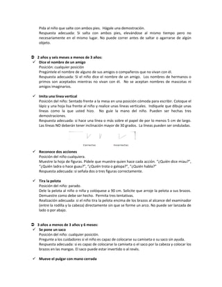 Pida al niño que salte con ambos pies. Hágale una demostración.
Respuesta adecuada: Si salta con ambos pies, elevándose al mismo tiempo pero no
necesariamente en el mismo lugar. No puede correr antes de saltar o agarrarse de algún
objeto.
 2 años y seis meses a menos de 3 años:
 Dice el nombre de un amigo
Posición: cualquier posición
Pregúntele el nombre de alguno de sus amigos o compañeros que no vivan con él.
Respuesta adecuada: Si el niño dice el nombre de un amigo. Los nombres de hermanos o
primos son aceptados mientras no vivan con él. No se aceptan nombres de mascotas ni
amigos imaginarios.
 Imita una línea vertical
Posición del niño: Sentado frente a la mesa en una posición cómoda para escribir. Coloque el
lápiz y una hoja lisa frente al niño y realice unas líneas verticales. Indíquele que dibuje unas
líneas como la que usted hizo. No guíe la mano del niño. Pueden ser hechas tres
demostraciones.
Respuesta adecuada: si hace una línea o más sobre el papel de por lo menos 5 cm de largo.
Las líneas NO deberán tener inclinación mayor de 30 grados. La líneas pueden ser onduladas.
 Reconoce dos acciones
Posición del niño cualquiera.
Muestre la hoja de figuras. Pídele que muestre quien hace cada acción. “¿Quién dice miau?”,
“¿Quién ladra o hace guau?”, “¿Quién trota o galopa?”, “¿Quién habla?”
Respuesta adecuada: si señala dos o tres figuras correctamente.
 Tira la pelota
Posición del niño: parado.
Dele la pelota al niño o niña y colóquese a 90 cm. Solicite que arroje la pelota a sus brazos.
Demuestre como debe ser hecho. Permita tres tentativas.
Realización adecuada: si el niño tira la pelota encima de los brazos al alcance del examinador
(entre la rodilla y la cabeza) directamente sin que se forme un arco. No puede ser lanzada de
lado o por abajo.
 3 años a menos de 3 años y 6 meses:
 Se pone un saco
Posición del niño: cualquier posición.
Pregunte a los cuidadores si el niño es capaz de colocarse su camiseta o su saco sin ayuda.
Respuesta adecuada: si es capaz de colocarse la camiseta o el saco por la cabeza y colocar los
brazos en las mangas. El saco puede estar invertido o al revés.
 Mueve el pulgar con mano cerrada
 