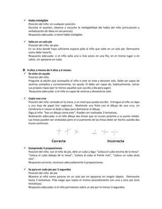  Habla inteligible
Posición del niño: en cualquier posición.
Durante el examen, observe o escuche la inteligibilidad del habla del niño (articulación y
verbalización de ideas en secuencias).
Respuesta adecuada: si tiene habla inteligible.
 Salta en un solo pie
Posición del niño: de pies.
En un área donde haya suficiente espacio pida al niño que salte en un solo pie. Demuestre
como debe hacerlo.
Respuesta adecuada: si el niño salta una o más veces en una fila, en el mismo lugar o en
saltos, sin apoyarse en nada.
 4 años a menos de 4 años y 6 meses:
 Se viste sin ayuda
Posición del niño:
Pregunte al adulto que acompaña al niño si este se viste y desviste solo. Debe ser capaz de
vestirse completa y correctamente, sin ayuda. El debe ser capaz de, habitualmente, retirar
sus propias ropas (por lo menos aquellas que usa día a día para jugar).
Respuesta adecuada: si el niño es capaz de vestirse y desvestirse solo.
 Copia una cruz
Posición del niño: sentado en la mesa, a un nivel que pueda escribir. Entregue al niño un lápiz
y una hoja de papel (sin reglones). Muéstrele una ficha con el dibujo de una cruz, sin
nombrarla ni mover el dedo o lápiz para demostrar el dibujo.
Diga al niño: “haz un dibujo como este”. Pueden ser realizadas 3 tentativas.
Realización adecuada: si el niño dibuja dos líneas que se cruzan próximo a su punto medio.
Las líneas pueden ser onduladas pero el cruzamiento de las líneas debe ser hecho usando dos
trazos continuos.
 Comprende 4 preposiciones
Posición del niño: con el niño de pie, dele un cubo y diga: “coloca el cubo encima de la mesa”.
“coloca el cubo debajo de la mesa”, “coloca el cubo al frente mío”, “coloca un cubo atrás
mío”.
Respuesta correcta: reconoce adecuadamente 4 preposiciones.
 Se para en cada pie por 3 segundos
Posición del niño: de pie.
Muestre al niño como pararse en un solo pie sin apoyarse en ningún objeto. Demuestre
hasta 3 tentativas. Pida luego que repita el mismo procedimiento con uno y otro pie (tres
tentativas).
Respuesta adecuada: si el niño permanece sobre un pie por lo menos 3 segundos.
 