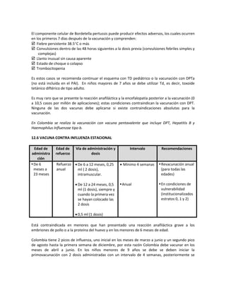 El componente celular de Bordetella pertussis puede producir efectos adversos, los cuales ocurren
en los primeros 7 días después de la vacunación y comprenden:
 Fiebre persistente 38.5°C o más
 Convulsiones dentro de las 48 horas siguientes a la dosis previa (convulsiones febriles simples y
complejas)
 Llanto inusual sin causa aparente
 Estado de choque o colapso
 Trombocitopenia
Es estos casos se recomienda continuar el esquema con TD pediátrico o la vacunación con DPTa
(no está incluida en el PAI). En niños mayores de 7 años se debe utilizar Td, es decir, toxoide
tetánico diftérico de tipo adulto.
Es muy raro que se presente la reacción anafiláctica y la encefalopatía posterior a la vacunación (0
a 10,5 casos por millón de aplicaciones); estas condiciones contraindican la vacunación con DPT.
Ninguna de las dos vacunas debe aplicarse si existe contraindicaciones absolutas para la
vacunación.
En Colombia se realiza la vacunación con vacuna pentavalente que incluye DPT, Hepatitis B y
Haemophilus Influenzae tipo b.
12.6 VACUNA CONTRA INFLUENZA ESTACIONAL
Edad de
administra
ción
Edad de
refuerzo
Vía de administración y
dosis
Intervalo Recomendaciones
De 6
meses a
23 meses
Refuerzo
anual
• De 6 a 12 meses, 0,25
ml ( 2 dosis),
intramuscular.
• De 12 a 24 meses, 0,5
ml (1 dosis), siempre y
cuando la primera vez
se hayan colocado las
2 dosis
• 0,5 ml (1 dosis)
• Mínimo 4 semanas
Anual
Revacunación anual
(para todas las
edades)
En condiciones de
vulnerabilidad
(institucionalizados
estratos 0, 1 y 2)
Está contraindicada en menores que han presentado una reacción anafiláctica grave a los
embriones de pollo o a la proteína del huevo y en los menores de 6 meses de edad.
Colombia tiene 2 picos de influenza, uno inicial en los meses de marzo a junio y un segundo pico
de agosto hasta la primera semana de diciembre, por esta razón Colombia debe vacunar en los
meses de abril a junio. En los niños menores de 9 años se debe se deben iniciar la
primovacunación con 2 dosis administradas con un intervalo de 4 semanas, posteriormente se
 