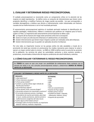 1. EVALUAR Y DETERMINAR RIESGO PRECONCEPCIONAL
El cuidado preconcepcional es reconocido como un componente crítico en la atención de las
mujeres en edad reproductiva. Se define como un conjunto de intervenciones que tienen como
propósito identificar y modificar factores de riesgo cuando sea posible. Los que corresponden a
variables demográficas y médicas que directa o indirectamente, están relacionadas con factores
causales de las malformaciones o con el mal resultado perinatal.
El asesoramiento preconcepcional optimiza el resultado perinatal mediante la identificación de
aquellas patologías, medicaciones, hábitos o conductas que pudieran ser riesgosas para la futura
madre o el feto. La importancia del asesoramiento preconcepcional se debe a que:
 La mayoría de los factores de riesgo están presentes antes de la concepción.
 Existe en el país una alta tasa de embarazos en adolescentes y no deseados.
 Existen intervenciones que tienen mayor impacto cuando son realizadas antes del embarazo.
 Existen intervenciones que no pueden ser aplicadas durante el embarazo
Por otro lado, es importante inculcar en las parejas estilos de vida saludables a través de la
promoción de salud que consiste en promocionar los medios necesarios para mejorar la salud y
ejercer un mayor control sobre la misma. La OMS en 1990 la define como la suma de las acciones
de la población, los servicios de salud, las autoridades sanitarias y otros sectores sociales y
productivos, encaminados al desarrollo de mejores condiciones de salud individual y colectiva.
1.1 CÓMO EVALUAR Y DETERMINAR EL RIESGO PRECONCEPCIONAL
Per
En TODOS los casos en que una mujer con posibilidad de embarazarse tiene contacto con el
servicio de salud o en una consulta preconcepcional evaluar y determinar SIGNOS DE RIESGO
ANTES DE LA GESTACIÓN
EVALUAR Y DETERMINAR EL RIESGO ANTES DE LA GESTACIÓN
PREGUNTE:
 ¿Qué edad tiene?
 ¿Tiene relaciones sexuales?
 ¿Tiene pareja estable?
 ¿Usted y su pareja utilizan algún método de
Planificación familiar?
 ¿Ha tenido flujo vaginal?
 ¿Toma alcohol, fuma, consume drogas?
 ¿Ha tenido contacto con insecticidas y químicos?
 Si ha tenido embarazos previos, investigue:
Antecedente de muertes perinatales, peso bajo
al nacer, nacidos prematuros, abortos previos o
malformaciones congénitas del tubo neural.
 ¿Sufre alguna enfermedad crónica?
 Investigue sobre el entorno familiar, es importante
detectar violencia, maltrato o depresión.
DETERMINE:
 Peso
 Talla
 IMC
 Hb
 VDRL
 VIH con consentimiento
 Examen de flujo vaginal
 Palidez palmar intensa
 Cavidad oral (dolor, sangrado,
inflamación, halitosis, caries)
 Esquema de vacunación
CLASIFICAR
 
