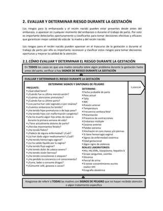 2. EVALUAR Y DETERMINAR RIESGO DURANTE LA GESTACIÓN
Los riesgos para la embarazada y el recién nacido pueden estar presentes desde antes del
embarazo, o aparecer en cualquier momento del embarazo o durante el trabajo de parto. Por esto
es importante detectarlos oportunamente y clasificarlos para tomar decisiones efectivas y eficaces
que garanticen mejor calidad de vida de la madre y del recién nacido.
Los riesgos para el recién nacido pueden aparecer en el trascurso de la gestación o durante el
trabajo de parto por ello es importante reconocer y clasificar estos riesgos para tomar decisiones
oportunas y mejorar la calidad de la atención.
2.1.CÓMO EVALUAR Y DETERMINAR EL RIESGO DURANTE LA GESTACIÓN
Per
2.1
En TODOS los casos en que una madre consulta sobre algún problema durante la gestación hasta
antes del parto, verificar si hay SIGNOS DE RIESGO DURANTE LA GESTACIÓN
EVALUAR Y DETERMINAR EL RIESGO DURANTE LA GESTACIÓN
DETERMINE SIGNOS Y SINTOMAS DE PELIGRO
PREGUNTE:
 ¿Qué edad tiene?
 ¿Cuándo fue su última menstruación?
 ¿Cuántas atenciones prenatales?
 ¿Cuándo fue su último parto?
 ¿Los partos han sido vaginales o por cesárea?
 ¿Cuántos embarazos ha tenido?
 ¿Ha tenido hijos prematuros o de bajo peso?
 ¿Ha tenido hijos con malformación congénita?
 ¿Se ha muerto algún hijo antes de nacer o
durante la primera semana de vida?
 ¿Tiene actualmente dolores de parto?
 ¿Percibe movimientos fetales?
 ¿Ha tenido fiebre?
 ¿Padece de alguna enfermedad? ¿Cuál?
 ¿Le han dado algún medicamento? ¿Cuál?
 ¿Ha tenido hemorragia vaginal?
 ¿Le ha salido líquido por la vagina?
 ¿Ha tenido flujo vaginal?
 ¿Ha tenido dolor de cabeza severo?
 ¿Ha tenido visión borrosa?
 ¿Ha tenido convulsiones o ataques?
 ¿Ha perdido la conciencia o el conocimiento?
 ¿Fuma, bebe o consume drogas?
 ¿Consume café, gaseosa o cacao?
DETERMINE:
 Fecha probable de parto
 Peso actual
 Talla
 IMC
 Presión arterial
 Temperatura
 Frecuencia cardiaca fetal
 Presentación
 Presencia de contracciones
 Embarazo múltiple
 Cesárea anterior
 Palidez extrema
 Hinchazón en cara manos y/o piernas
 Si tiene hemorragia vaginal
 Signos de enfermedad sistémica
 Edad gestacional
 Algún signo de violencia
REALICE LABORATORIOS:
 Hto, Hb,VDRL, toxoplasma, hepatitis b
 Grupo sanguíneo, coombs
 Glicemia
 Parcial de orina
 Si existe consentimiento escrito
realice VIH
 Ecografía obstétrica
CLASIFICAR
Asegúrese de referir a TODAS las madres con SIGNOS DE PELIGRO que no hayan recibido atención
o algún tratamiento específico
 