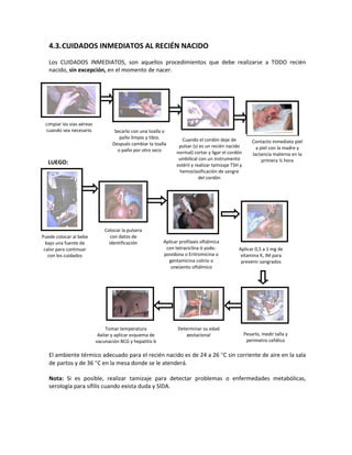 4.3.CUIDADOS INMEDIATOS AL RECIÉN NACIDO
Los CUIDADOS INMEDIATOS, son aquellos procedimientos que debe realizarse a TODO recién
nacido, sin excepción, en el momento de nacer.
El ambiente térmico adecuado para el recién nacido es de 24 a 26 °C sin corriente de aire en la sala
de partos y de 36 °C en la mesa donde se le atenderá.
Nota: Si es posible, realizar tamizaje para detectar problemas o enfermedades metabólicas,
serología para sífilis cuando exista duda y SIDA.
Limpiar las vías aéreas
cuando sea necesario
Contacto inmediato piel
a piel con la madre y
lactancia materna en la
primera ½ hora
Secarlo con una toalla o
paño limpio y tibio.
Después cambiar la toalla
o paño por otro seco
Cuando el cordón deje de
pulsar (si es un recién nacido
normal) cortar y ligar el cordón
umbilical con un instrumento
estéril y realizar tamizaje TSH y
hemoclasificación de sangre
del cordón
LUEGO:
Puede colocar al bebe
bajo una fuente de
calor para continuar
con los cuidados
Colocar la pulsera
con datos de
identificación Aplicar profilaxis oftálmica
con tetraciclina ó yodo-
povidona o Eritromicina o
gentamicina colirio o
ungüento oftálmico
Aplicar 0,5 a 1 mg de
vitamina K, IM para
prevenir sangrados
Tomar temperatura
Axilar y aplicar esquema de
vacunación BCG y hepatitis b
Determinar su edad
gestacional Pesarlo, medir talla y
perímetro cefálico
 