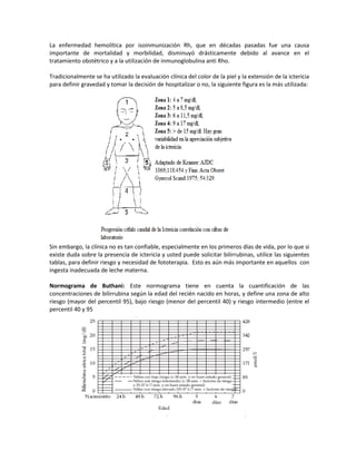 La enfermedad hemolítica por isoinmunización Rh, que en décadas pasadas fue una causa
importante de mortalidad y morbilidad, disminuyó drásticamente debido al avance en el
tratamiento obstétrico y a la utilización de inmunoglobulina anti Rho.
Tradicionalmente se ha utilizado la evaluación clínica del color de la piel y la extensión de la ictericia
para definir gravedad y tomar la decisión de hospitalizar o no, la siguiente figura es la más utilizada:
Sin embargo, la clínica no es tan confiable, especialmente en los primeros días de vida, por lo que si
existe duda sobre la presencia de ictericia y usted puede solicitar bilirrubinas, utilice las siguientes
tablas, para definir riesgo y necesidad de fototerapia. Esto es aún más importante en aquellos con
ingesta inadecuada de leche materna.
Normograma de Buthani: Este normograma tiene en cuenta la cuantificación de las
concentraciones de bilirrubina según la edad del recién nacido en horas, y define una zona de alto
riesgo (mayor del percentil 95), bajo riesgo (menor del percentil 40) y riesgo intermedio (entre el
percentil 40 y 95
 