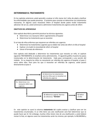 DETERMINAR EL TRATAMIENTO
En los capítulos anteriores usted aprendió a evaluar al niño menor de 5 años de edad y clasificar
las enfermedades que pueda presentar. El próximo paso consiste en determinar los tratamientos
necesarios. En algunos casos necesitará referir al hospital donde podrá recibir tratamiento
adicional. De ser así, usted comenzará a administrar tratamientos de urgencia antes de referir.
OBJETIVOS DEL APRENDIZAJE
Este capítulo describirá y permitirá practicar las técnicas siguientes:
♦ Determinar si es necesario referir urgentemente al hospital
♦ Determinar los tratamiento que se necesitan
Si se trata de niños enfermos que requieren ser referidos con urgencia:
♦ Determinar los tratamientos urgentes que se deben dar antes de referir al niño al hospital
♦ Explicar a la madre la necesidad de referir al hospital
♦ Llenar el formato de referencia
Este capítulo está dedicado a determinar los tratamientos que necesita un niño; el capítulo
siguiente TRATAMIENTO, le enseñará cómo administrarlos. El siguiente gráfico muestra los pasos
involucrados en la determinación de tratamiento. Cada paso corresponde a una sección del
módulo. En su mayoría los niños no necesitarán ser referidos de urgencia al hospital, el paso 2
versa sobre ellos. Pero para los que sí necesitan ser referidos de urgencia, usted pasará
directamente al paso 3.
En este capítulo se usará la columna tratamiento del cuadro evaluar y clasificar para ver los
tratamientos enumerados. Si un niño tiene una sola clasificación será fácil determinar que se
puede hacer por él. Sin embargo, muchos niños tienen más de una clasificación y usted deberá
revisar la lista, en algunos casos los tratamientos serán los mismos, por ejemplo, la NEUMONIA y
2. Determinar los tratamientos
para los niños que no necesitan ser
referidos de urgencia
4. Referir
al niño
3. Referencia urgente: Normas
de referencia “REFIERA”
1. Determinar si es
necesario referir con
urgencia
NO
SI
 