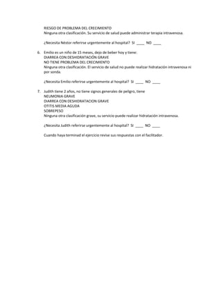 RIESGO DE PROBLEMA DEL CRECIMIENTO
Ninguna otra clasificación. Su servicio de salud puede administrar terapia intravenosa.
¿Necesita Néstor referirse urgentemente al hospital? SI ____ NO ____
6. Emilio es un niño de 15 meses, dejo de beber hoy y tiene:
DIARREA CON DESHIDRATACIÓN GRAVE
NO TIENE PROBLEMA DEL CRECIMIENTO
Ninguna otra clasificación. El servicio de salud no puede realizar hidratación intravenosa ni
por sonda.
¿Necesita Emilio referirse urgentemente al hospital? SI ____ NO ____
7. Judith tiene 2 años, no tiene signos generales de peligro, tiene
NEUMONIA GRAVE
DIARREA CON DESHIDRATACION GRAVE
OTITIS MEDIA AGUDA
SOBREPESO
Ninguna otra clasificación grave, su servicio puede realizar hidratación intravenosa.
¿Necesita Judith referirse urgentemente al hospital? SI ____ NO ____
Cuando haya terminad el ejercicio revise sus respuestas con el facilitador.
 