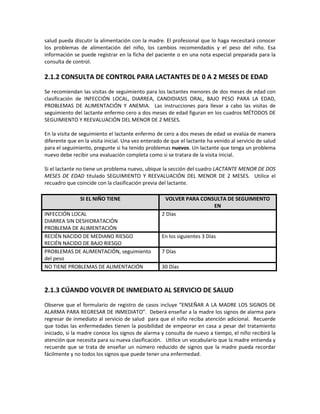 salud pueda discutir la alimentación con la madre. El profesional que lo haga necesitará conocer
los problemas de alimentación del niño, los cambios recomendados y el peso del niño. Esa
información se puede registrar en la ficha del paciente o en una nota especial preparada para la
consulta de control.
2.1.2 CONSULTA DE CONTROL PARA LACTANTES DE 0 A 2 MESES DE EDAD
Se recomiendan las visitas de seguimiento para los lactantes menores de dos meses de edad con
clasificación de INFECCIÓN LOCAL, DIARREA, CANDIDIASIS ORAL, BAJO PESO PARA LA EDAD,
PROBLEMAS DE ALIMENTACIÓN Y ANEMIA. Las instrucciones para llevar a cabo las visitas de
seguimiento del lactante enfermo cero a dos meses de edad figuran en los cuadros MÉTODOS DE
SEGUIMIENTO Y REEVALUACIÓN DEL MENOR DE 2 MESES.
En la visita de seguimiento el lactante enfermo de cero a dos meses de edad se evalúa de manera
diferente que en la visita inicial. Una vez enterado de que el lactante ha venido al servicio de salud
para el seguimiento, pregunte si ha tenido problemas nuevos. Un lactante que tenga un problema
nuevo debe recibir una evaluación completa como si se tratara de la visita inicial.
Si el lactante no tiene un problema nuevo, ubique la sección del cuadro LACTANTE MENOR DE DOS
MESES DE EDAD titulado SEGUIMIENTO Y REEVALUACIÓN DEL MENOR DE 2 MESES. Utilice el
recuadro que coincide con la clasificación previa del lactante.
SI EL NIÑO TIENE VOLVER PARA CONSULTA DE SEGUIMIENTO
EN
INFECCIÓN LOCAL
DIARREA SIN DESHIDRATACIÓN
PROBLEMA DE ALIMENTACIÓN
2 Días
RECIÉN NACIDO DE MEDIANO RIESGO
RECIÉN NACIDO DE BAJO RIESGO
En los siguientes 3 Días
PROBLEMAS DE ALIMENTACIÓN, seguimiento
del peso
7 Días
NO TIENE PROBLEMAS DE ALIMENTACIÓN 30 Días
2.1.3 CÚANDO VOLVER DE INMEDIATO AL SERVICIO DE SALUD
Observe que el formulario de registro de casos incluye “ENSEÑAR A LA MADRE LOS SIGNOS DE
ALARMA PARA REGRESAR DE INMEDIATO”. Deberá enseñar a la madre los signos de alarma para
regresar de inmediato al servicio de salud para que el niño reciba atención adicional. Recuerde
que todas las enfermedades tienen la posibilidad de empeorar en casa a pesar del tratamiento
iniciado, si la madre conoce los signos de alarma y consulta de nuevo a tiempo, el niño recibirá la
atención que necesita para su nueva clasificación. Utilice un vocabulario que la madre entienda y
recuerde que se trata de enseñar un número reducido de signos que la madre pueda recordar
fácilmente y no todos los signos que puede tener una enfermedad.
 