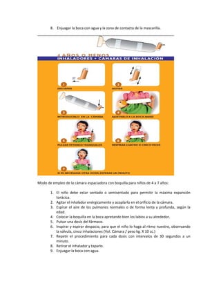 8. Enjuagar la boca con agua y la zona de contacto de la mascarilla.
Modo de empleo de la cámara espaciadora con boquilla para niños de 4 a 7 años:
1. El niño debe estar sentado o semisentado para permitir la máxima expansión
torácica.
2. Agitar el inhalador enérgicamente y acoplarlo en el orificio de la cámara.
3. Espirar el aire de los pulmones normales o de forma lenta y profunda, según la
edad.
4. Colocar la boquilla en la boca apretando bien los labios a su alrededor.
5. Pulsar una dosis del fármaco.
6. Inspirar y espirar despacio, para que el niño lo haga al ritmo nuestro, observando
la válvula, cinco inhalaciones (Vol. Cámara / peso kg. X 10 cc.)
7. Repetir el procedimiento para cada dosis con intervalos de 30 segundos a un
minuto.
8. Retirar el inhalador y taparlo.
9. Enjuagar la boca con agua.
 