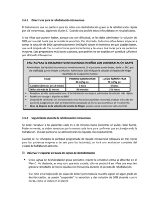 3.4.1 Directrices para la rehidratación intravenosa
El tratamiento que se prefiere para los niños con deshidratación grave es la rehidratación rápida
por vía intravenosa, siguiendo el plan C. Cuando sea posible estos niños deben ser hospitalizados.
A los niños que pueden beber, aunque sea con dificultad, se les debe administrar la solución de
SRO por vía oral hasta que se instale la venoclisis. Por otro lado, todos los niños deben empezar a
tomar la solución de SRO (aproximadamente 5ml/kg/h) desde el momento en que puedan beber,
que será después de tres o cuatro horas para los lactantes y de una o dos horas para los pacientes
mayores. Esto proporciona más bases y potasio, que podrían no ser suplidos en cantidad suficiente
por el líquido intravenoso.
3.4.2 Seguimiento durante la rehidratación intravenosa
Se debe reevaluar a los pacientes cada 15 o 30 minutos hasta encontrar un pulso radial fuerte.
Posteriormente, se deben reevaluar por lo menos cada hora para confirmar que está mejorando la
hidratación. En caso contrario, se administrarán los líquidos más rápidamente.
Cuando se ha infundido la cantidad programada de líquido intravenoso (después de tres horas
para los pacientes mayores y de seis para los lactantes), se hará una evaluación completa del
estado de hidratación del niño.
 Observar y explorar en busca de signos de deshidratación
 Si los signos de deshidratación grave persisten, repetir la venoclisis como se describe en el
Plan C. No obstante, es muy raro que esto suceda, sólo se producirá en niños que evacúen
grandes cantidades de heces líquidas con frecuencia durante el período de rehidratación.
Si el niño está mejorando (es capaz de beber) pero todavía muestra signos de algún grado de
deshidratación, se puede “suspender” la venoclisis y dar solución de SRO durante cuatro
horas, como se indica en el plan B.
PAUTAS PARA EL TRATAMIENTO INTRAVENOSO EN NIÑOS CON DESHIDRATACIÓN GRAVE
Administrara los líquidos intravenosos inmediatamente. Si el paciente puede beber, darle las SRO por
vía oral hasta que se instale la infusión. Administrar 100 ml/Kgde la solución de lactato de Ringer
repartidos de la siguiente manera:
EDAD PRIMERO ADMINISTRAR
30 ml/kg en:
LUEGO ADMINISTRAR
70 ml/kg en:
Lactantes (menos de 12 meses) 1 hora 5 horas
Niños de más de 12 meses 30 minutos 2 ½ horas
 Reevaluar al niño cada media hora. Si la hidratación no mejora, administre la solución más rápido.
 Repetir otra carga si el pulso es débil
 Después de seis horas (en los lactantes) o tres horas (en pacientes mayores), evaluar el estado del
paciente. Luego elija el plan de tratamiento apropiado (A, B o C) para continuar el tratamiento.
 Si no se dispone de la solución de lactato de Ringer, puede usarse la solución salina normal.
 