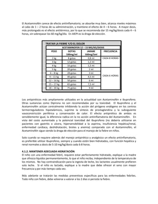 El Acetaminofén carece de efecto antiinflamatorio; se absorbe muy bien, alcanza niveles máximos
al cabo de 1 – 2 horas de su administración, y mantiene el efecto de 4 – 6 horas. A mayor dosis,
más prolongado es el efecto antitérmico, por lo que se recomienda dar 15 mg/kg/dosis cada 4 – 6
horas, sin sobrepasar los 60 mg/kg/día. En AIEPI es la droga de elección.
Los antipiréticos más ampliamente utilizados en la actualidad son Acetaminofén e ibuprofeno.
Otras sustancias como Dipirona no son recomendadas por su toxicidad. El Ibuprofeno y el
Acetaminofén actúan centralmente inhibiendo la acción del pirógeno endógeno en los centros
termorreguladores hipotalámicos, suprime la síntesis de prostaglandina y la subsiguiente
vasoconstricción periférica y conservación de calor. El efecto antipirético de ambos es
sensiblemente igual, la diferencia radica en la no acción antiinflamatoria del Acetaminofén. En
vista del costo aumentado y la potencial toxicidad del Ibuprofeno (no debería utilizarse en
pacientes con gastritis o ulcera, hipersensibilidad a la aspirina, insuficiencia hepática/renal,
enfermedad cardiaca, deshidratación, brotes y anemia) comparado con el Acetaminofén, el
Acetaminofén sigue siendo la droga de elección para el manejo de la fiebre en niños.
Solo cuando se requiere además del manejo antipirético y analgésico un efecto antiinflamatorio,
es preferible utilizar Ibuprofeno, siempre y cuando estén bien hidratados, con función hepática y
renal normales a dosis de 5-10 mg/kg/dosis cada 6-8 horas.
4.1.2. MANTENER ADECUADA HIDRATACIÓN
El niño con una enfermedad febril, requiere estar perfectamente hidratado, explique a la madre
que ofrezca líquidos permanentemente, lo que el niño reciba, independiente de la temperatura de
los mismos. No hay contraindicación para la ingesta de leche, los lactantes usualmente prefieren
solo leche. Si el niño es lactado, explique a la madre que debe ofrecer el seno con mayor
frecuencia y por más tiempo cada vez.
Más adelante se tratarán las medidas preventivas específicas para las enfermedades febriles.
Todo niño con fiebre, debe volverse a valorar a los 2 días si persiste la fiebre.
TRATAR LA FIEBRE Y/O EL DOLOR
ACETAMINOFEN 12 – 15 MG/KG/DOSIS
PESO GOTAS
100mg/ml
JARABE
160mg/5ml
FRECUENCIA
2 kg 8 gotas 0,8 ml CADA 8 HORAS
3 kg 12 gotas 1,2 ml
4 kg 16 gotas 1,5 ml
5 kg 20 gotas 2 ml
CADA 6 HORAS
6 – 8 kg 28 gotas 3 ml
9 – 11 kg 40 gotas 4,5 ml
12 – 14 kg 50 gotas 6 ml
15 – 17 kg 65 gotas 7,5 ml
18 – 20 kg 75 gotas 9 ml
 
