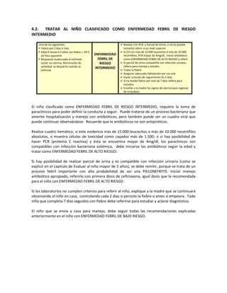 4.2. TRATAR AL NIÑO CLASIFICADO COMO ENFERMEDAD FEBRIL DE RIESGO
INTERMEDIO
Uno de los siguientes:
 Fiebre por 5 días o más
 Edad 6 meses a 2 años con fiebre ≥ 39°C
sin foco aparente
 Respuesta inadecuada al estímulo
social: no sonrisa, disminución de
actividad, se despierta cuando se
estimula
ENFERMEDAD
FEBRIL DE
RIESGO
INTERMEDIO
 Realizar CH, PCR y Parcial de Orina, si no es posible
tomarlos referir a un nivel superior.
 Si CH con más de 15.000 leucocitos ó más de 10.000
neutrófilos, PCR mayor de 4mg/dl, iniciar antibiótico
como ENFERMEDAD FEBRIL DE ALTO RIESGO y referir
 Si parcial de orina compatible con infección urinaria
refiera para manejo y estudio.
 Tratar la fiebre
 Asegurar adecuada hidratación por vía oral
 Hacer consulta de seguimiento en 2 días
 Si ha tenido fiebre por más de 7 días refiera para
estudios
 Enseñar a la madre los signos de alarma para regresar
de inmediato
El niño clasificado como ENFERMEDAD FEBRIL DE RIESGO INTERMEDIO, requiere la toma de
paraclínicos para poder definir la conducta a seguir. Puede tratarse de un proceso bacteriano que
amerite hospitalización y manejo con antibióticos, pero también puede ser un cuadro viral que
puede continuar observándose. Recuerde que lo antibióticos no son antipiréticos.
Realice cuadro hemático, si este evidencia más de 15.000 leucocitos o más de 10.000 neutrófilos
absolutos, o muestra células de toxicidad como cayados más de 1.500; o si hay posibilidad de
hacer PCR (proteína C reactiva) y ésta se encuentra mayor de 4mg/dl, los paraclínicos son
compatibles con infección bacteriana sistémica, debe iniciarse los antibióticos según la edad y
tratar como ENFERMEDAD FEBRIL DE ALTO RIESGO.
Si hay posibilidad de realizar parcial de orina y es compatible con infección urinaria (como se
explicó en el capítulo de Evaluar al niño mayor de 2 años), se debe remitir, porque se trata de un
proceso febril importante con alta probabilidad de ser una PIELONEFRITIS. Iniciar manejo
antibiótico apropiado, referirlo con primera dosis de ceftriaxona, igual dosis que la recomendada
para el niño con ENFERMEDAD FEBRIL DE ALTO RIESGO.
Si los laboratorios no cumplen criterios para referir al niño, explique a la madre que se continuará
observando el niño en casa, controlando cada 2 días si persiste la fiebre o antes si empeora. Todo
niño que completa 7 días seguidos con fiebre debe referirse para estudiar y aclarar diagnóstico.
El niño que se envía a casa para manejo, debe seguir todas las recomendaciones explicadas
anteriormente en el niño con ENFERMEDAD FEBRIL DE BAJO RIESGO.
 