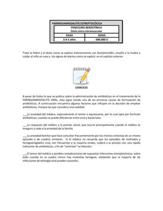 Trate la fiebre y el dolor como se explicó anteriormente con Acetaminofén, enseñe a la madre a
cuidar al niño en casa y los signos de alarma como se explicó en el capítulo anterior.
EJERCICIO
A pesar de todos lo que se publica sobre la administración de antibióticos en el tratamiento de la
FARINGOAMIGDALITIS VIRAL, esta sigue siendo una de las primeras causas de formulación de
antibióticos. A continuación encuentra algunos factores que influyen en la decisión de emplear
antibióticos, marque las que considera una realidad:
___La ansiedad del médico, especialmente el temor a equivocarse, por lo cual opta por formular
antibióticos, cuando no puede diferenciar entre viral y bacteriano.
___La respuesta del médico a la presión social, que ocurre principalmente cuando el médico es
inseguro y cede a la ansiedad de la familia.
___La ansiedad familiar que hace consultar frecuentemente por los mismos síntomas de un mismo
episodio o de cuadros similares. Si el médico no recuerda que los episodios de resfriados y
faringoamigdalitis viral, son frecuentes y la mayoría virales, cederá a la presión con una rápida
indicación de antibióticos, a fin de "controlar" la infección.
___El temor del médico a posibles complicaciones de supuestas infecciones estreptocócicas, sobre
todo cuando en el cuadro clínico hay molestias faríngeas, olvidando que la mayoría de las
infecciones de etiología viral pueden causarlas.
FARINGOAMIGDALITIS ESTREPTOCÓCICA
PENICILINA BENZATÍNICA
Dosis única intramuscular
EDAD DOSIS
3 A 5 años 600.000 U
 