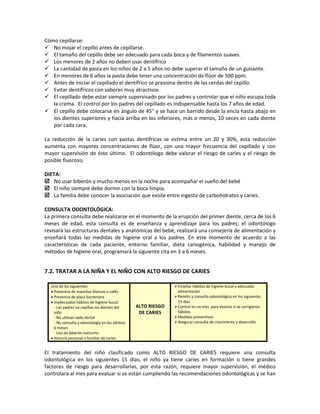Cómo cepillarse:
 No mojar el cepillo antes de cepillarse.
 El tamaño del cepillo debe ser adecuado para cada boca y de filamentos suaves.
 Los menores de 2 años no deben usar dentífrico
 La cantidad de pasta en los niños de 2 a 5 años no debe superar el tamaño de un guisante.
 En menores de 6 años la pasta debe tener una concentración de flúor de 500 ppm.
 Antes de iniciar el cepillado el dentífrico se presiona dentro de las cerdas del cepillo.
 Evitar dentífricos con sabores muy atractivos
 El cepillado debe estar siempre supervisado por los padres y controlar que el niño escupa toda
la crema. El control por los padres del cepillado es indispensable hasta los 7 años de edad.
 El cepillo debe colocarse en ángulo de 45° y se hace un barrido desde la encía hasta abajo en
los dientes superiores y hacía arriba en los inferiores, más o menos, 10 veces en cada diente
por cada cara.
La reducción de la caries con pastas dentífricas se estima entre un 20 y 30%, esta reducción
aumenta con mayores concentraciones de flúor, con una mayor frecuencia del cepillado y con
mayor supervisión de éste último. El odontólogo debe valorar el riesgo de caries y el riesgo de
posible fluorosis.
DIETA:
 No usar biberón y mucho menos en la noche para acompañar el sueño del bebé
 El niño siempre debe dormir con la boca limpia.
 La familia debe conocer la asociación que existe entre ingesta de carbohidratos y caries.
CONSULTA ODONTOLÓGICA:
La primera consulta debe realizarse en el momento de la erupción del primer diente, cerca de los 6
meses de edad, esta consulta es de enseñanza y aprendizaje para los padres; el odontólogo
revisará las estructuras dentales y anatómicas del bebé, realizará una consejería de alimentación y
enseñará todas las medidas de higiene oral a los padres. En este momento de acuerdo a las
características de cada paciente, entorno familiar, dieta cariogénica, habilidad y manejo de
métodos de higiene oral, programará la siguiente cita en 3 a 6 meses.
7.2. TRATAR A LA NIÑA Y EL NIÑO CON ALTO RIESGO DE CARIES
Uno de los siguientes:
• Presencia de manchas blancas o cafés
• Presencia de placa bacteriana
• Inadecuados hábitos de higiene bucal:
- Los padres no cepillan los dientes del
niño
- No utilizan seda dental
- No consulta a odontología en los últimos
6 meses
- Uso de biberón nocturno
• Historia personal o familiar de caries
ALTO RIESGO
DE CARIES
Enseñar hábitos de higiene bucal y adecuada
alimentación
Remitir a consulta odontológica en los siguientes
15 días
Control en un mes para evaluar si se corrigieron
hábitos
Medidas preventivas
Asegurar consulta de crecimiento y desarrollo
El tratamiento del niño clasificado como ALTO RIESGO DE CARIES requiere una consulta
odontológica en los siguientes 15 días, el niño ya tiene caries en formación o tiene grandes
factores de riesgo para desarrollarlas, por esta razón, requiere mayor supervisión, el médico
controlara al mes para evaluar si se están cumpliendo las recomendaciones odontológicas y se han
 
