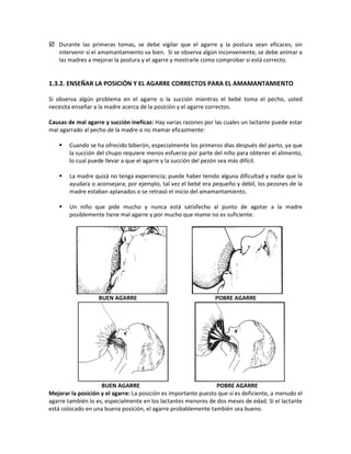  Durante las primeras tomas, se debe vigilar que el agarre y la postura sean eficaces, sin
intervenir si el amamantamiento va bien. Si se observa algún inconveniente, se debe animar a
las madres a mejorar la postura y el agarre y mostrarle como comprobar si está correcto.
1.3.2. ENSEÑAR LA POSICIÓN Y EL AGARRE CORRECTOS PARA EL AMAMANTAMIENTO
Si observa algún problema en el agarre o la succión mientras el bebé toma el pecho, usted
necesita enseñar a la madre acerca de la posición y el agarre correctos.
Causas de mal agarre y succión ineficaz: Hay varias razones por las cuales un lactante puede estar
mal agarrado al pecho de la madre o no mamar eficazmente:
 Cuando se ha ofrecido biberón, especialmente los primeros días después del parto, ya que
la succión del chupo requiere menos esfuerzo por parte del niño para obtener el alimento,
lo cual puede llevar a que el agarre y la succión del pezón sea más difícil.
 La madre quizá no tenga experiencia; puede haber tenido alguna dificultad y nadie que la
ayudara o aconsejara; por ejemplo, tal vez el bebé era pequeño y débil, los pezones de la
madre estaban aplanados o se retrasó el inicio del amamantamiento.
 Un niño que pide mucho y nunca está satisfecho al punto de agotar a la madre
posiblemente tiene mal agarre y por mucho que mame no es suficiente.
BUEN AGARRE POBRE AGARRE
BUEN AGARRE POBRE AGARRE
Mejorar la posición y el agarre: La posición es importante puesto que si es deficiente, a menudo el
agarre también lo es, especialmente en los lactantes menores de dos meses de edad. Si el lactante
está colocado en una buena posición, el agarre probablemente también sea bueno.
 