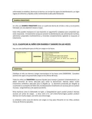 enfermedad se estabilice, disminuya la diarrea y se corrijan los signos de deshidratación y se logre
ingesta de alimentos y líquidos orales manteniendo la adecuada hidratación.
Un niño con DIARREA PERSISTENTE tiene un cuadro de diarrea de 14 días o más y se encuentra
hidratado con una edad de 6 meses o mayor.
Estos niños pueden manejarse en casa haciendo un seguimiento cuidadoso para comprobar que
están mejorando. El tratamiento se basa en prevenir la deshidratación, dar alimentación nutritiva,
administrar preparados multivitamínicos y minerales complementarios vigilando la respuesta al
tratamiento.
3.2.3. CLASIFICAR AL NIÑO CON DIARREA Y SANGRE EN LAS HECES
Hay una sola clasificación para el niño con sangre en las heces:
 Sangre en las heces
DISENTERIA
 Dar un antibiótico apropiado
 Administrar zinc
 Tratar la deshidratación según el plan indicado
 Hacer consulta de seguimiento 2 días después
 Enseñar a la madre signos de alarma para regresar de
inmediato si empeora
 Enseñar medidas preventivas específicas
Clasifique al niño con diarrea y sangre macroscópica en las heces como DISENTERIA. Considere
positivo este signo si ha presentado sangre en las últimas 48 horas.
Todos los niños con DISENTERIA requieren líquidos para manejar y prevenir la deshidratación y se
deben alimentar de forma adecuada para evitar la desnutrición. Además deben recibir
tratamiento antibiótico adecuado para la Shigella sp. La disentería producida por Shigella sp
usualmente se acompaña de fiebre alta, las deposiciones inicialmente son acuosas pero se vuelven
mucosas, sanguinolentas y de aspecto purulento.
Otras bacterias como la Salmonella no typhi, o Campylobacter jejuni pueden producir diarreas
acuosas con pintas de sangre y otras como el E. coli entero-hemorrágico pueden producir
diarreas con mucha sangre, casi como una enterorragia.
La amebiasis como causa de diarrea con sangre es muy poco frecuente en los niños, produce
menos de 3% de los episodios.
DIARREA PERSISTENTE
DISENTERIA
 