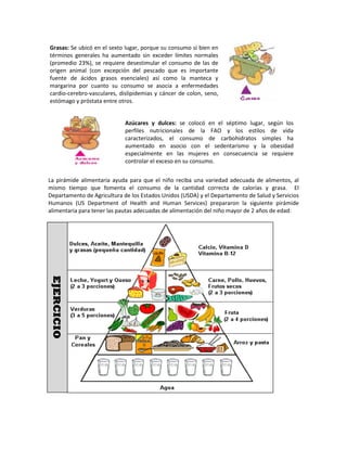 La pirámide alimentaria ayuda para que el niño reciba una variedad adecuada de alimentos, al
mismo tiempo que fomenta el consumo de la cantidad correcta de calorías y grasa. El
Departamento de Agricultura de los Estados Unidos (USDA) y el Departamento de Salud y Servicios
Humanos (US Department of Health and Human Services) prepararon la siguiente pirámide
alimentaria para tener las pautas adecuadas de alimentación del niño mayor de 2 años de edad:
EJERCICIOGrasas: Se ubicó en el sexto lugar, porque su consumo si bien en
términos generales ha aumentado sin exceder límites normales
(promedio 23%), se requiere desestimular el consumo de las de
origen animal (con excepción del pescado que es importante
fuente de ácidos grasos esenciales) así como la manteca y
margarina por cuanto su consumo se asocia a enfermedades
cardio-cerebro-vasculares, dislipidemias y cáncer de colon, seno,
estómago y próstata entre otros.
Azúcares y dulces: se colocó en el séptimo lugar, según los
perfiles nutricionales de la FAO y los estilos de vida
caracterizados, el consumo de carbohidratos simples ha
aumentado en asocio con el sedentarismo y la obesidad
especialmente en las mujeres en consecuencia se requiere
controlar el exceso en su consumo.
 
