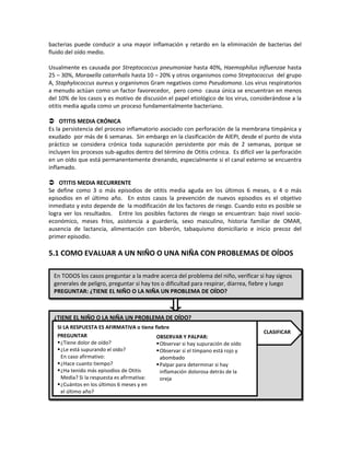 bacterias puede conducir a una mayor inflamación y retardo en la eliminación de bacterias del
fluido del oído medio.
Usualmente es causada por Streptococcus pneumoniae hasta 40%, Haemophilus influenzae hasta
25 – 30%, Moraxella catarrhalis hasta 10 – 20% y otros organismos como Streptococcus del grupo
A, Staphylococcus aureus y organismos Gram negativos como Pseudomona. Los virus respiratorios
a menudo actúan como un factor favorecedor, pero como causa única se encuentran en menos
del 10% de los casos y es motivo de discusión el papel etiológico de los virus, considerándose a la
otitis media aguda como un proceso fundamentalmente bacteriano.
 OTITIS MEDIA CRÓNICA
Es la persistencia del proceso inflamatorio asociado con perforación de la membrana timpánica y
exudado por más de 6 semanas. Sin embargo en la clasificación de AIEPI, desde el punto de vista
práctico se considera crónica toda supuración persistente por más de 2 semanas, porque se
incluyen los procesos sub-agudos dentro del término de Otitis crónica. Es difícil ver la perforación
en un oído que está permanentemente drenando, especialmente si el canal externo se encuentra
inflamado.
 OTITIS MEDIA RECURRENTE
Se define como 3 o más episodios de otitis media aguda en los últimos 6 meses, o 4 o más
episodios en el último año. En estos casos la prevención de nuevos episodios es el objetivo
inmediato y esto depende de la modificación de los factores de riesgo. Cuando esto es posible se
logra ver los resultados. Entre los posibles factores de riesgo se encuentran: bajo nivel socio-
económico, meses fríos, asistencia a guardería, sexo masculino, historia familiar de OMAR,
ausencia de lactancia, alimentación con biberón, tabaquismo domiciliario e inicio precoz del
primer episodio.
5.1 COMO EVALUAR A UN NIÑO O UNA NIÑA CON PROBLEMAS DE OÍDOS
PREGUNTAR:
En TODOS los casos preguntar a la madre acerca del problema del niño, verificar si hay signos
generales de peligro, preguntar si hay tos o dificultad para respirar, diarrea, fiebre y luego
PREGUNTAR: ¿TIENE EL NIÑO O LA NIÑA UN PROBLEMA DE OÍDO?
¿TIENE EL NIÑO O LA NIÑA UN PROBLEMA DE OÍDO?
SI LA RESPUESTA ES AFIRMATIVA o tiene fiebre
PREGUNTAR
¿Tiene dolor de oído?
¿Le está supurando el oído?
En caso afirmativo:
¿Hace cuanto tiempo?
¿Ha tenido más episodios de Otitis
Media? Si la respuesta es afirmativa:
¿Cuántos en los últimos 6 meses y en
el último año?
OBSERVAR Y PALPAR:
Observar si hay supuración de oído
Observar si el tímpano está rojo y
abombado
Palpar para determinar si hay
inflamación dolorosa detrás de la
oreja
CLASIFICAR
 