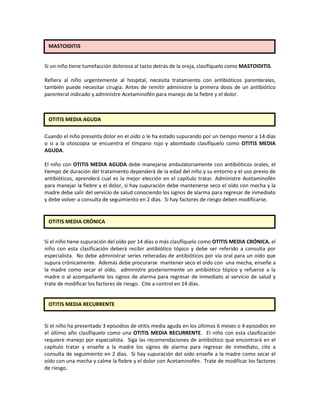 Si un niño tiene tumefacción dolorosa al tacto detrás de la oreja, clasifíquelo como MASTOIDITIS.
Refiera al niño urgentemente al hospital, necesita tratamiento con antibióticos parenterales,
también puede necesitar cirugía. Antes de remitir administre la primera dosis de un antibiótico
parenteral indicado y administre Acetaminofén para manejo de la fiebre y el dolor.
Si el niño tiene dolor de oído o al examinarlo usted encuentra supuración del oído con una
Cuando el niño presenta dolor en el oído o le ha estado supurando por un tiempo menor a 14 días
o si a la otoscopia se encuentra el tímpano rojo y abombado clasifíquelo como OTITIS MEDIA
AGUDA.
El niño con OTITIS MEDIA AGUDA debe manejarse ambulatoriamente con antibióticos orales, el
tiempo de duración del tratamiento dependerá de la edad del niño y su entorno y el uso previo de
antibióticos, aprenderá cual es la mejor elección en el capítulo tratar. Administre Acetaminofén
para manejar la fiebre y el dolor, si hay supuración debe mantenerse seco el oído con mecha y la
madre debe salir del servicio de salud conociendo los signos de alarma para regresar de inmediato
y debe volver a consulta de seguimiento en 2 días. Si hay factores de riesgo deben modificarse.
Si el niño tiene supuración del oído por 14 días o más clasifíquelo como OTITIS MEDIA CRÓNICA, el
niño con esta clasificación deberá recibir antibiótico tópico y debe ser referido a consulta por
especialista. No debe administrar series reiteradas de antibióticos por vía oral para un oído que
supura crónicamente. Además debe procurarse mantener seco el oído con una mecha, enseñe a
la madre como secar el oído, administre posteriormente un antibiótico tópico y refuerce a la
madre o al acompañante los signos de alarma para regresar de inmediato al servicio de salud y
trate de modificar los factores de riesgo. Cite a control en 14 días.
Si el niño ha presentado 3 episodios de otitis media aguda en los últimos 6 meses o 4 episodios en
el último año clasifíquelo como una OTITIS MEDIA RECURRENTE. El niño con esta clasificación
requiere manejo por especialista. Siga las recomendaciones de antibiótico que encontrará en el
capítulo tratar y enseñe a la madre los signos de alarma para regresar de inmediato, cite a
consulta de seguimiento en 2 días. Si hay supuración del oído enseñe a la madre como secar el
oído con una mecha y calme la fiebre y el dolor con Acetaminofén. Trate de modificar los factores
de riesgo.
MASTOIDITIS
OTITIS MEDIA AGUDA
OTITIS MEDIA CRÓNICA
OTITIS MEDIA RECURRENTE
 