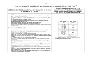 - 136 -
USO DEL ALIMENTO TERAPÉUTICO NUTRICIONAL LISTO PARA USO (ATLU), PLUMPY’ NUT®
RECOMENDACIONES GENERALES PARA EL USO DEL ATLU EN EL NIÑO
O NIÑA MAYOR DE 6 MESES
DOSIS Y NÚMERO DE SOBRES DE ATLU
(PLUMPY´NUT) PARA EL TRATAMIENTO DE LA
DESNUTRICIÓN AGUDA GRAVE, MIENTRAS SE
ORGANIZA Y SE LOGRA LA REFERENCIA
El ATLU debe ser considerado como un medicamento para tratar la desnutrición aguda
grave y moderada sin complicaciones
El ATLU, es el equivalente a una fórmula especial para el niño o niña con desnutrición aguda
(F-100)
Es una pasta que viene en un paquete o sobre
No necesita ninguna preparación adicional (no debe ser cocido ni se le debe agregar sal,
azúcar o aceite), está listo para su uso
El ATLU no necesita ser refrigerado, pero no debe ser expuesto al sol
El personal de salud debe DEMOSTRAR cómo administrar el ATLU
Durante el consumo de ATLU el niño o niña debe recibir agua hervida (enfriada) en la cantidad
que desee beber.
Demostrar el uso de ATLU (Plumpy´Nut)
La madre o cuidador debe lavarse las manos antes de manipular o administrar el ATLU
Enseñar cómo abrir los sobres en una esquina, desde donde pueden ser ingeridos
directamente o bien con una cuchara
Explicar la dosis diaria que le corresponde a su niño o niña
Explicar que el ATLU se administra en pequeñas cantidades, varias veces al día (8-12 veces)
Explicar que, mientras el niño o niña consume ATLU, debe tomar agua limpia para mantenerse
hidratado
• Si el niño o niña quiere más agua, permítale beber más
Explicar que la cantidad sobrante debe ser conservada en el sobre solo hasta su siguiente
administración,
Si el niño o niña recibe leche materna, debe seguir siendo amamantado, administrar ATLU
después de cada mamada
Si el niño recibe alimentación complementaria, el ATLU debe darse antes de cualquier comida
Si el niño o niña aún tiene hambre después de la dosis correcta de ATLU, se le puede dar una
pequeña cantidad de comida nutritiva hasta que esté satisfecho/a
Recalcar que la efectividad del tratamiento con ATLU requiere que sea cumplido de manera
estricta
Solicitar a la madre o cuidador que guarde los sobres vacíos de ATLU ya que Ud. los revisará
cada vez que controle al niño o niña
Explicar que solo el niño o niña bajo tratamiento puede consumir el ATLU y que no debe ser
compartido con otros miembros de la familia
Peso del niño o
niña
en kg
N° de sobres
por día
3.5 – 3. 9 1. 5
4.0 – 5.4 2
5.5 – 6.9 2.5
7.0 – 8.4 3
8.5 – 9.4 3.5
9.5 – 10.4 4
10.5 – 11.9 4.5
12.0 – 13.5 5
>13.5 En base a
200Kcal/Kg/día*
*92 g del sobre de ATLU (Plumpy´Nut) contienen 500 Kcal
Aporte promedio diario de 200 Kcal/Kg
 