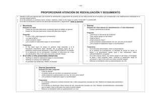 - 144 -
PROPORCIONAR ATENCIÓN DE REEVALUACIÓN Y SEGUIMIENTO
Atender al niño que regresa para una consulta de reevaluación y seguimiento de acuerdo con las instrucciones de los recuadros que correspondan a las clasificaciones realizadas en la
consulta integral anterior
Si el niño presenta un problema nuevo: evaluar, clasificar y tratar al niño según el cuadro: EVALUAR Y CLASIFICAR
Si el niño no es llevado al servicio de salud para reevaluación y seguimiento: Visite su domicilio
Diarrea
Después de 5 días (diarrea sin deshidratación) o 2 días (disentería):
• Evaluar nuevamente la diarrea
Preguntar
• ¿Disminuyó la frecuencia de la diarrea?
• ¿Hay menos sangre en las heces?
• ¿Bajó la fiebre?
• ¿Está comiendo mejor?
• ¿Está recibiendo suplementación con zinc, tal como se le indicó?
• ¿Ha cumplido el tratamiento según lo recomendado?
Tratamiento
• Si el niño está deshidratado, tratar la deshidratación
• Si la cantidad de evacuaciones, la cantidad de sangre en heces, la
fiebre o la alimentación siguen igual o han empeorado: referir
URGENTEMENTE al hospital
• Si el niño evacua menos, hay menos sangre en las heces, le ha bajado
la fiebre y está comiendo mejor, continuar el tratamiento hasta su
conclusión y citar al niño para una nueva consulta integral
• Reforzar la orientación sobre la suplementación con zinc
Neumonía
Después de 2 días:
• Evaluar al niño para determinar si presenta signos de peligro en general
• Evaluar al niño para determinar si tiene dificultad para respirar
Preguntar
• El niño o niña ¿está respirando normalmente?
• ¿Le bajó la fiebre?
• ¿Está comiendo mejor?
• ¿Ha cumplido el tratamiento según lo recomendado?
Tratamiento
• Si hay algún signo de peligro en general, tiraje subcostal, o si la
frecuencia respiratoria sigue elevada, dar la primera dosis de un
antibiótico intramuscular apropiado y referir URGENTEMENTE al hospital
• Si la respiración se ha normalizado, completar el tratamiento de 3 días
con amoxicilina. Cite al niño para una nueva consulta integral
Si el niño o niña presentaba sibilancias
• Verificar si recibió el salbutamol según lo recomendado
• Verificar si continúa con sibilancias
• Si persisten las sibilancias: Referir al Hospital
Diarrea persistente
Después de 5 días, preguntar:
• ¿Paró la diarrea?
• ¿Cuantas veces por día tiene una deposición acuosa?
• ¿Está recibiendo suplementación con zinc, tal como se le indicó?
• ¿Ha cumplido el tratamiento según lo recomendado?
Tratamiento
• Si la diarrea continúa (si continúa teniendo tres o más evacuaciones acuosas por día): Referirlo al hospital para exámenes y
tratamiento
• Si la diarrea ha disminuido (tiene menos de tres evacuaciones acuosas por día): Realizar recomendaciones nutricionales
para la edad y citar al niño para una nueva consulta integral
• Reforzar la orientación sobre la suplementación con zinc
 