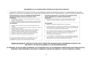 - 147 -
SEGUIMIENTO A LA CLASIFICACIÓN ‘SOSPECHA DE MALTRATO INFANTIL’
• La clasificación ‘SOSPECHA DE MALTRATO INFANTIL’ es una clasificación transitoria. El seguimiento domiciliario y en el establecimiento de salud debe
determinar si el niño/a puede ser clasificado como ‘COMPATIBLE CON MALTRATO FÍSICO Y/O ABUSO SEXUAL’ o ‘NO HAY SOSPECHA DE MALTRATO’
Visita Domiciliaria en casos de ‘SOSPECHA DE MALTRATO’
Durante los primeros 3 días de la evaluación inicial:
Consulta de seguimiento a los 14 días, de la evaluación inicial,
niño/a clasificado como ‘SOSPECHA DE MALTRATO’
OBJETIVOS:
• Complementar información que permita determinar si el niño/a
recibió o recibe maltrato
• Detectar los riesgos familiares que condicionan el maltrato infantil
• Prevenir el maltrato infantil y promover los derechos del niño/a
OBJETIVOS:
• Realizar una nueva evaluación y clasificación del Maltrato Infantil
• Prevenir el maltrato infantil y promover los derechos del niño/a
ACTIVIDADES:
Obtener mayor información sobre las lesiones sospechosas de
maltrato
Conversar con otros miembros de la familia, vecinos, etc., sobre el
trato que recibe el niño/a
Evaluar el riesgo a que está expuesto el niño en su hogar y la
posibilidad de que el maltrato haya ocurrido o pueda ocurrir
Evaluar la dinámica familiar y grado de disfuncionalidad
Promover el buen trato y respeto a los derechos de la niñez
Elaborar un informe que permita tomar decisiones
ACTIVIDADES
Realizar la evaluación completa del niño nuevamente.
Si existe alguno de los criterios para clasificar como ‘COMPATIBLE CON
MALTRATO FÍSICO Y/O ABUSO SEXUAL’ y tratar como se recomienda
en el Cuadro de Procedimientos correspondiente
Si no existen criterios para clasificar como “Compatible con maltrato
físico y/o abuso sexual”, clasificar como ‘NO HAY SOSPECHA DE
MALTRATO’ y tratar como se recomienda en el Cuadro de
Procedimientos correspondiente
Si no asistió con la Trabajadora Social u otro responsable asignado al
caso, contactarse con la la autoridad competente (Defensoría Niñez y
Adolescencia u otra institución de protección a la niñez)La visita domiciliaria debería ser realizada por un/a
Trabajador/a Social o por el personal de salud
TODOS LOS CASOS DE ‘SOSPECHA DE MALTRATO’ DEBEN SER SEGUIDOS HASTA DETERMINAR SI EXISTIÓ O NO
MALTRATO Y ACTUAR DE ACUERDO A LA LAS RECOMENDACIONES
EL PERSONAL DE SALUD DEBE COORDINAR LAS ACTIVIDADES CON LAS AUTORIDADES COMPETENTES QUE TRABAJAN EN EL
MUNICIPIO, PARA PREVENIR EL MALTRATO Y BRINDAR EL MEJOR TRATAMIENTO Y APOYO POSIBLES AL NIÑO/A
 