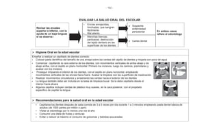 - 162 -
EVALUAR LA SALUD ORAL DEL ESCOLAR
Revisar las arcadas
superior e inferior, con la
ayuda de un baja lenguas
si se observa :
• Encías enrojecidas,
hinchadas, que sangran
fácilmente
• Mal aliento
Sospeche
enfermedad
periodontal En ambos casos
refiera al odontólogo
• Manchas blancas,
parduscas, destrucción
del tejido dentario en las
superficies de los dientes
Caries dental
Higiene Oral en la edad escolar
Enseñar a realizar un cepillado de dientes correcto:
• Colocar pasta dentífrica del tamaño de una arveja sobre las cerdas del cepillo de dientes y mojarla con poco de agua
• Comenzar cepillando la cara externa de los dientes, con movimientos verticales de arriba abajo y de
abajo arriba, con el cepillo en plano horizontal. Primero los incisivos, luego los caninos, premolares y
acabar con los molares.
• Proseguir limpiando el interior de los dientes, con el cepillo en plano horizontal, empleando
movimientos verticales de las encías hacia fuera. Acabar la limpieza con las superficies de masticación
• Realizar movimientos circulatorios y arrastrando las cerdas hacia el exterior de los dientes
• La lengua también debe ser incluida en la tarea de limpieza bucal. Se la debe cepillarla desde el
interior hacia afuera
• Algunos cepillos incluyen cerdas de plástico muy suaves, en la cara posterior, con el propósito
especifico de cepillar la lengua
Recomendaciones para la salud oral en la edad escolar
• Cepillarse los dientes después de cada comida de 3 a 5 veces por día durante 1 a 3 minutos empleando pasta dental básica de
adultos (de 1500 partes por millón o ppm)
• Visitar al odontólogo por lo menos una vez al año
• Consumir una dieta de frutas y verduras
• Evitar o reducir al máximo el consumo de golosinas y bebidas azucaradas
 