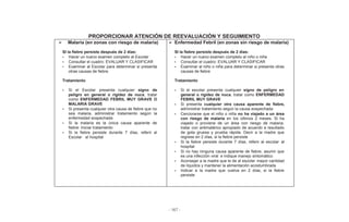 - 167 -
PROPORCIONAR ATENCIÓN DE REEVALUACIÓN Y SEGUIMIENTO
Malaria (en zonas con riesgo de malaria)
SI la fiebre persiste después de 2 días:
• Hacer un nuevo examen completo al Escolar
• Consultar el cuadro: EVALUAR Y CLASIFICAR
• Examinar al Escolar para determinar si presenta
otras causas de fiebre
Tratamiento
• Si el Escolar presenta cualquier signo de
peligro en general o rigidez de nuca, tratar
como ENFERMEDAD FEBRIL MUY GRAVE O
MALARIA GRAVE
• Si presenta cualquier otra causa de fiebre que no
sea malaria, administrar tratamiento según la
enfermedad sospechada
• Si la malaria es la única causa aparente de
fiebre: Iniciar tratamiento
• Si la fiebre persiste durante 7 días, referir al
Escolar al hospital
Enfermedad Febril (en zonas sin riesgo de malaria)
SI la fiebre persiste después de 2 días:
• Hacer un nuevo examen completo al niño o niña
• Consultar el cuadro: EVALUAR Y CLASIFICAR
• Examinar al niño o niña para determinar si presenta otras
causas de fiebre
Tratamiento
• Si el escolar presenta cualquier signo de peligro en
general o rigidez de nuca, tratar como ENFERMEDAD
FEBRIL MUY GRAVE
• Si presenta cualquier otra causa aparente de fiebre,
administrar tratamiento según la causa sospechada
• Cerciorarse que el niño o niña no ha viajado a un área
con riesgo de malaria en los últimos 2 meses. Si ha
viajado o proviene de un área con riesgo de malaria,
tratar con antimalárico apropiado de acuerdo a resultado
de gota gruesa y prueba rápida. Decir a la madre que
regrese en 2 días, si la fiebre persiste
• Si la fiebre persiste durante 7 días, referir al escolar al
hospital
• Si no hay ninguna causa aparente de fiebre, asumir que
es una infección viral e indique manejo sintomático
• Aconsejar a la madre que le de al escolar mayor cantidad
de líquidos y mantener la alimentación acostumbrada
• Indicar a la madre que vuelva en 2 días, si la fiebre
persiste
 
