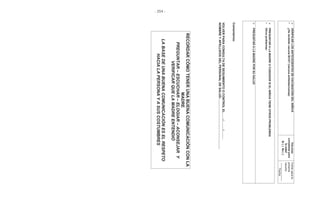 - 204 -
VERIFICARLOSANTECEDENTESDEVACUNACIÓNDELNIÑO/A
•¿HarecibidovacunaBCG?(vacunaantituberculosa)
Vacunas
completaspara
laedad
Sí()No()
Volverparala
próxima
vacuna:
____________
Fecha
PREGUNTARALAMADREOCUIDADORSIELNIÑO/ATIENEOTROSPROBLEMAS
•Otrosproblemas:
PREGUNTARALAMADREPORSUSALUD
Comentarios:
VOLVERPARACONSULTADESEGUIMIENTOOCONTROLEL……./………/………
NOMBREYAPELLIDOSDELPERSONALDESALUD:…………………………………………..
RECORDARCÓMOTENERUNABUENACOMUNICACIÓNCONLA
MADRE
PREGUNTAR–ESCUCHAR–ELOGIAR–ACONSEJARY
VERIFICARQUELAMADREENTENDIÓ
LABASEDEUNABUENACOMUNICACIÓNESELRESPETO
HACIALAPERSONAYASUSCOSTUMBRES
 