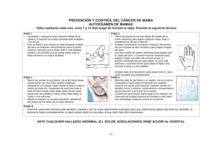 - 35 -
PREVENCIÓN Y CONTROL DEL CÁNCER DE MAMA
AUTOEXAMEN DE MAMAS
Debe realizarse cada mes, unos 7 a 10 días luego de iniciada la regla. Enseñar la siguiente técnica:
PASO 1
• Acuéstese y coloque el brazo derecho detrás de la
cabeza. El examen se realiza mientras está acostada
y no de pie
• Esto se debe a que cuando se está acostada el tejido
del seno se extiende uniformemente sobre la pared
torácica, haciendo que el tejido esté lo más delgado
posible. Esto permite que se pueda palpar todo el
tejido del seno con mayor facilidad
PASO 2
• Utilice las yemas de los tres dedos del medio de la
mano izquierda, para palpar cualquier masa, bulto o
protuberancia del seno derecho
• Emplee movimientos circulares contiguos, del tamaño
de una moneda de diez centavos, para palpar el tejido
del seno
• Use tres niveles de presión diferentes para palpar todo
el tejido del seno. La presión leve es necesaria para
palpar el tejido que está más cercano al pie; la
presión moderada servirá para palpar un poco más
profundo, y la presión firme para palpar el tejido más
cercano al tórax y a las costillas
Emplee cada nivel de presión para palpar todo el seno
antes de pasar a la próxima área.
PASO 3
• Mueva las yemas de sus dedos de arriba hacia abajo,
comenzando con una línea vertical imaginaria
dibujada en su costado, palpe desde la axila y hasta el
medio del esternón. Asegúrese de examinar toda el
área del seno yendo hacia abajo hasta donde usted
siente sólo las costillas y hacia arriba hasta llegar al
cuello o a la clavícula
• Repita el examen con el seno izquierdo, empleando
las yemas de los dedos de la mano derecha
PASO 4
• Mientras esté de pie frente a un espejo, con sus manos
presionando hacia abajo firmemente sus caderas,
observe sus senos para detectar cualquier cambio en
tamaño, forma, contorno, hundimientos o enrojecimiento
de los pezones o de la piel de los senos
• Cuando se hace presión hacia abajo a las caderas, los
músculos de la pared torácica se contraen y esto hace
que sobresalga cualquier cambio en los senos
PASO 5
• Examine cada axila mientras esté sentada o parada y con su brazo ligeramente levantado para que usted pueda palpar esa área con facilidad. Si
levanta el brazo completamente, el tejido estará rígido en esa área, lo que hará más difícil examinarla
ANTE CUALQUIER HALLAZGO ANORMAL (EJ. DOLOR, NODULACIONES) DEBE ACUDIR AL HOSPITAL
 