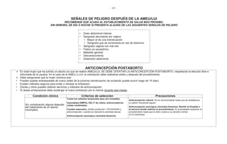 - 54 -
SEÑALES DE PELIGRO DESPUÉS DE LA AMEU/LUI
RECOMIENDE QUE ACUDA AL ESTABLECIMIENTO DE SALUD MÁS PRÓXIMO,
SIN DEMORA, DE DÍA O NOCHE SI PRESENTA ALGUNA DE LAS SIGUIENTES SEÑALES DE PELIGRO
• Dolor abdominal intenso
• Sangrado abundante por vagina
• Mayor al de una menstruación
• Sangrado que se incrementa en vez de disminuir
• Sangrado vaginal con mal olor
• Fiebre y/o escalofríos
• Malestar general
• Desvanecimiento
• Distensión abdominal
ANTICONCEPCIÓN POSTABORTO
En toda mujer que ha sufrido un aborto y/o que se realice AMEU/LUI, SE DEBE OFERTAR LA ANTICONCEPCIÓN POSTABORTO, respetando la elección libre e
informada de la usuaria. En el caso de la AMEU o LUI, la orientación debe realizarse antes y después del procedimiento
Debe asegurarse que la mujer conozca que:
• Pueden quedar embarazadas de nuevo antes de la próxima menstruación (la ovulación puede ocurrir luego de 14 días)
• Existen métodos seguros para evitar o retrasar el embarazo
• Dónde y cómo pueden obtener servicios y métodos de anticoncepción
• Si desea embarazarse debe postergar el nuevo embarazo por lo menos durante seis meses
Condición clínica Criterios de selección Precauciones
Sin complicación alguna después
del tratamiento de un aborto
incompleto
Todos los métodos temporales para uso inmediato
Inyectables (DMPA), DIU (T de cobre), anticonceptivos
orales combinados.
Condón masculino: (Doble protección: ITS/VIH/SIDA y
anticoncepción), cuando se reanude la actividad sexual.
Anticoncepción quirúrgica voluntaria femenina
Anticoncepción natural: No es recomendable hasta que se restablezca
un patrón menstrual regular
Anticoncepción quirúrgica voluntaria femenina: Remitir al Hospital o
al servicio donde realicen el procedimiento. Es aconsejable posponer el
procedimiento hasta que el útero vuelva a su tamaño normal
(4 a 6 semanas)
 