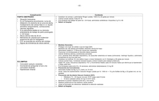 - 68 -
Complicación Conducta
PARTO OBSTRUIDO
• Situación transversa
• En el Partograma encontramos: curva de
dilatación a la derecha de la curva de alerta,
moldeamiento del cráneo fetal 2 o 3, liquido
amniótico sanguinolento, contracciones
uterinas regulares
• Si la parturienta estaba en su domicilio
antecedente de trabajo de parto prolongado
(> 24 horas)
• Altura uterina más de 35 cm
• Maniobras de Leopold que evidencian
ausencia de polo en hipogastrio
• FCF se ausculta por encima del ombligo
• Signos de inminencia de rotura uterina
Canalizar vía venosa y administrar Ringer Lactato, 1000 ml a 30 gotas por minuto
Colocar sonda vesical, Foley Nº 16
Si la duración del trabajo de parto es > 24 horas, administrar antibióticos: Ampicilina 2 g IV o IM
Referir al Hospital
ECLAMPSIA
• Convulsión (actual o reciente)
• Inconsciencia (preguntar si tuvo una
convulsión reciente)
• Hipertensión Arterial
Medidas Generales:
• Proteger a la mujer de caídas o que se haga daño
• Mantener las vías aéreas permeables utilizando cánula de mayo
• Administrar oxigeno 4 - 6 litros por minuto por mascarilla
• Posicionar a la embarazada en decúbito lateral izquierdo
• Valorar dinámica uterina y condiciones cervicales
• Si la paciente tiene dificultad respiratoria y se auscultan estertores en bases pulmonares, restringir líquidos y administre
furosemida 40 mg (una sola vez)
• Canalizar con bránula 16 o de calibre mayor e iniciar hidratación con S. fisiológico a 60 gotas por minuto
• Colocar sonda Foley, monitorear diuresis horaria y tomar muestra para realizar proteinuria
• Vigilar PA, pulso, frecuencia respiratoria, FCF y movimientos fetales cada 30 minutos hasta que disminuya la hipertensión
y luego cada hora
• Si el embarazo está entre 24 y 34 semanas, administrar betametasona 12 mg IM
Prevención de Convulsiones:
• Administre Sulfato de Mg 4 g IV ( lento, en 10 min)
• Iniciar dosis de mantenimiento: Solución Ringer Lactato por IV, 1000 ml + 10 g de Sulfato de Mg, a 33 gotas/ min, en vía
paralela
Prevención del Accidente Vásculo Cerebral (AVC):
• Nifedipino 10 – 20 mg por vía oral, STAT luego cada 6 horas
• Si tiene Labetalol utilizar 20 mg IV STAT lento
Mantener la presión diastólica entre 90 y 100 mmHg.
Realizar proteinuria en tira reactiva o ácido acético
Llenar el formulario de referencia, detallando la atención realizada
Referir al Hospital
 